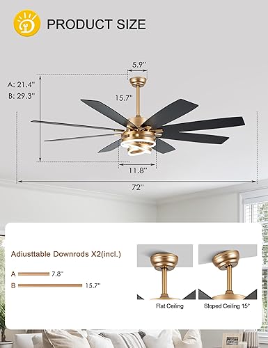 Miniatura 2 de Ventiladores de techo dorados de 72 pulgadas con luces, motor CC silencioso y reversible, 6 velocidades, ventiladores de techo grandes y modernos