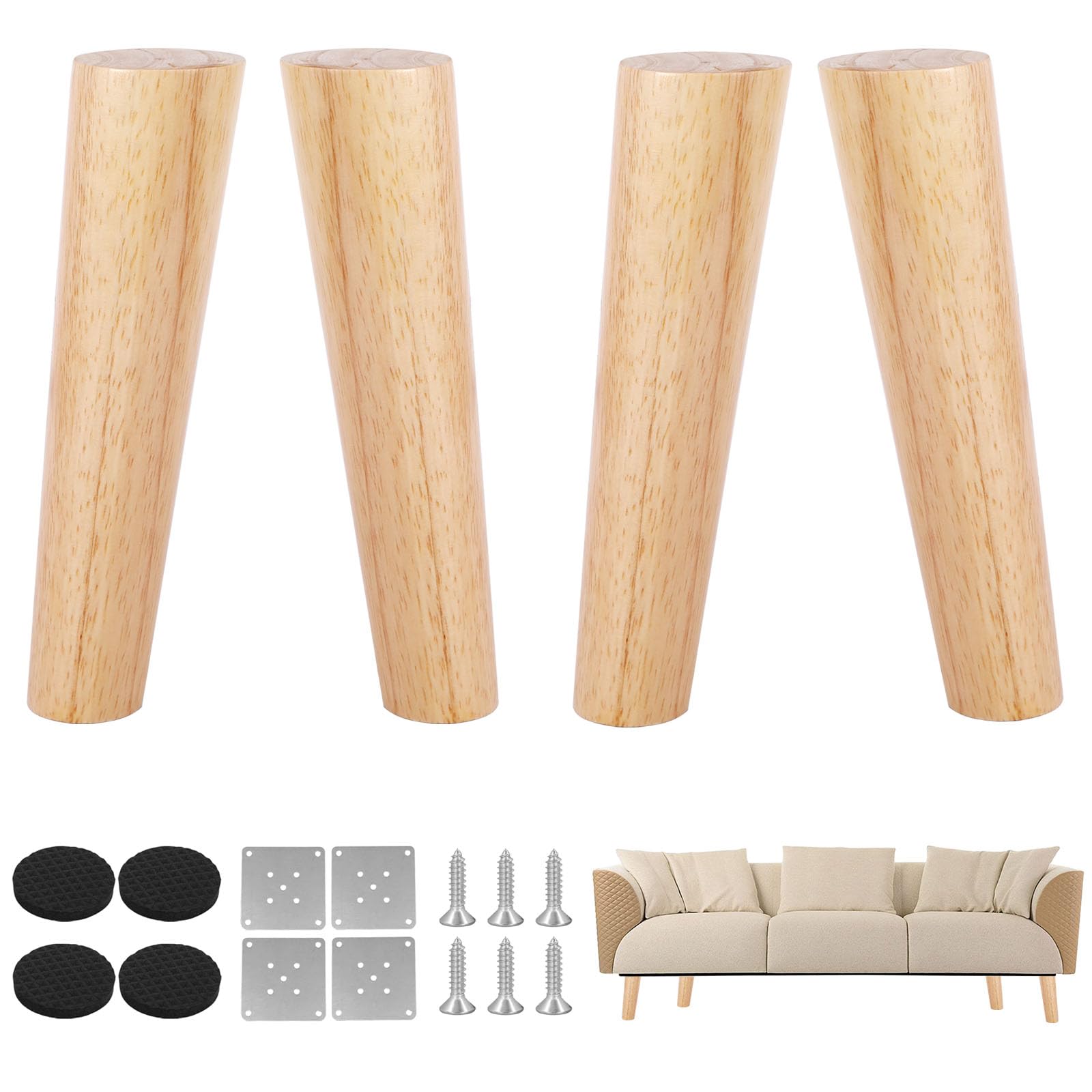 GEOKILO Sofa Legs Set of 4, Wooden Furniture Legs, 20cm Sofa Feet to with Anti-Slip Protection Pad & Screws