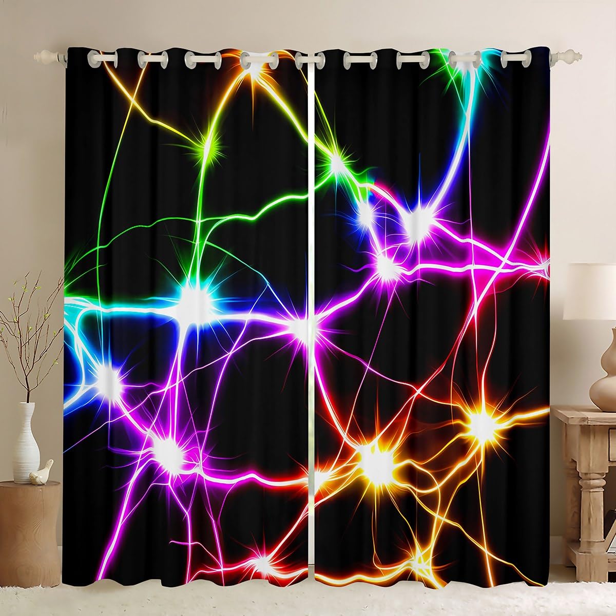 Homemissing Neon Light Stripes Curtains(2 Panels,W46*L72) For Kids Boys Girls Teens Modern Abstract Art Darkening Blackout Window Curtains Geometric Stripe Line Window Treatments โ image 1