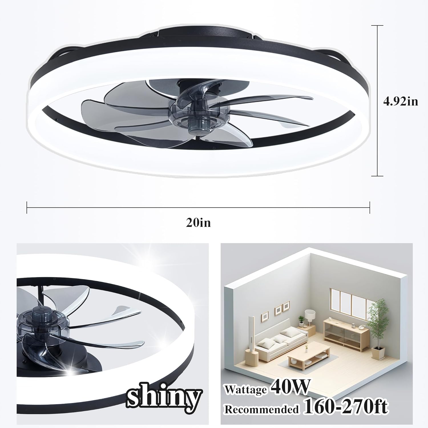 Ceiling Fans with Remote and Lights Fandelier - 20'' Low Profile Flush Mount Modern Black Ceiling Fans for Bedroom - 6 Speeds and Stepless Color Temperature Change