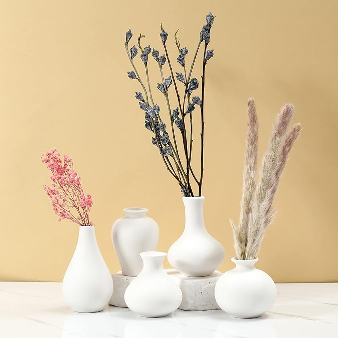 White Ceramic Vase Set 5 Small Vases in Bulk, ViViTOP Mini