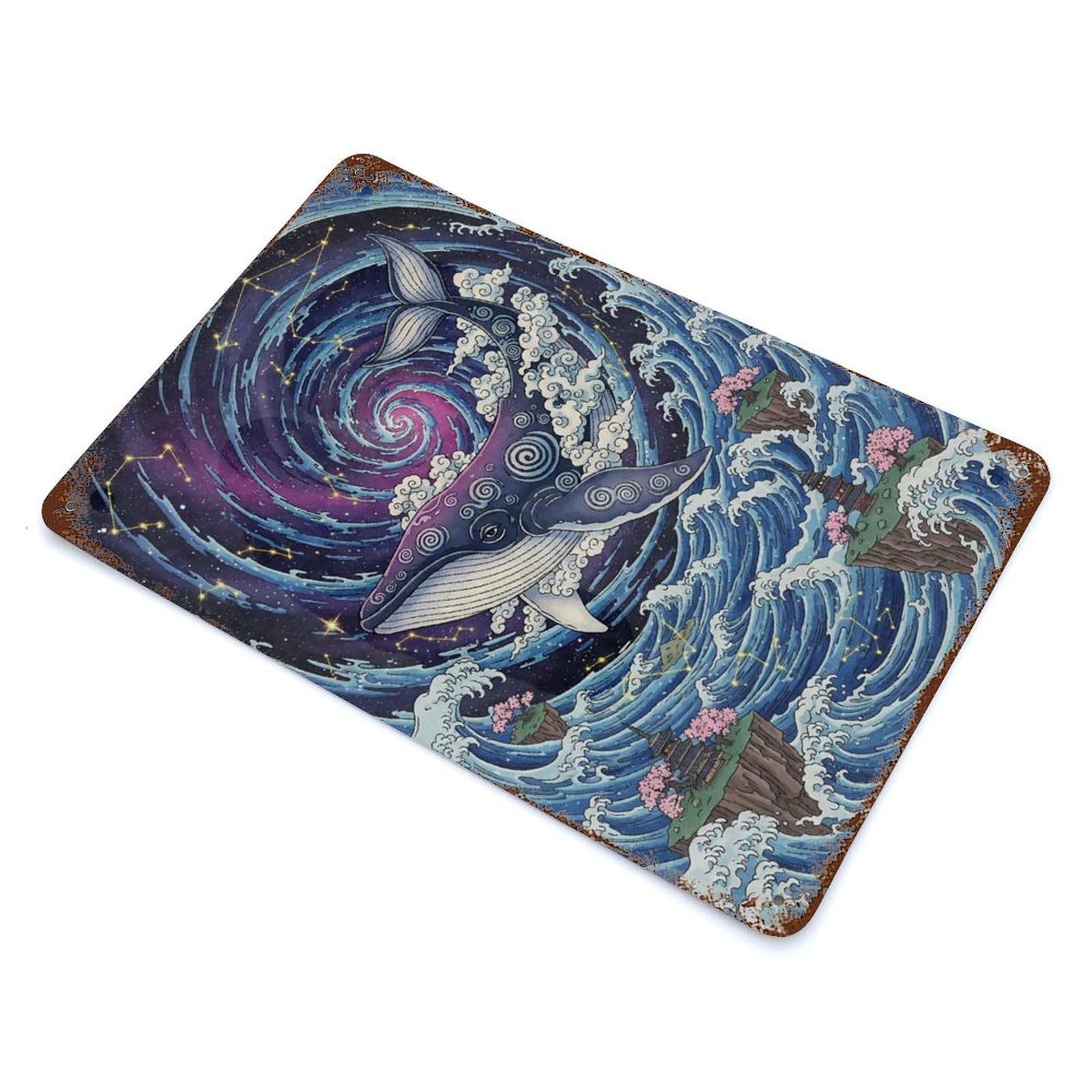 Cosmic Whale Amidst Ocean And Stars Aged Metal Wall Plaque 11.8"x7.9", Old School Wall Decor for Garage, Pub Or Kitchen