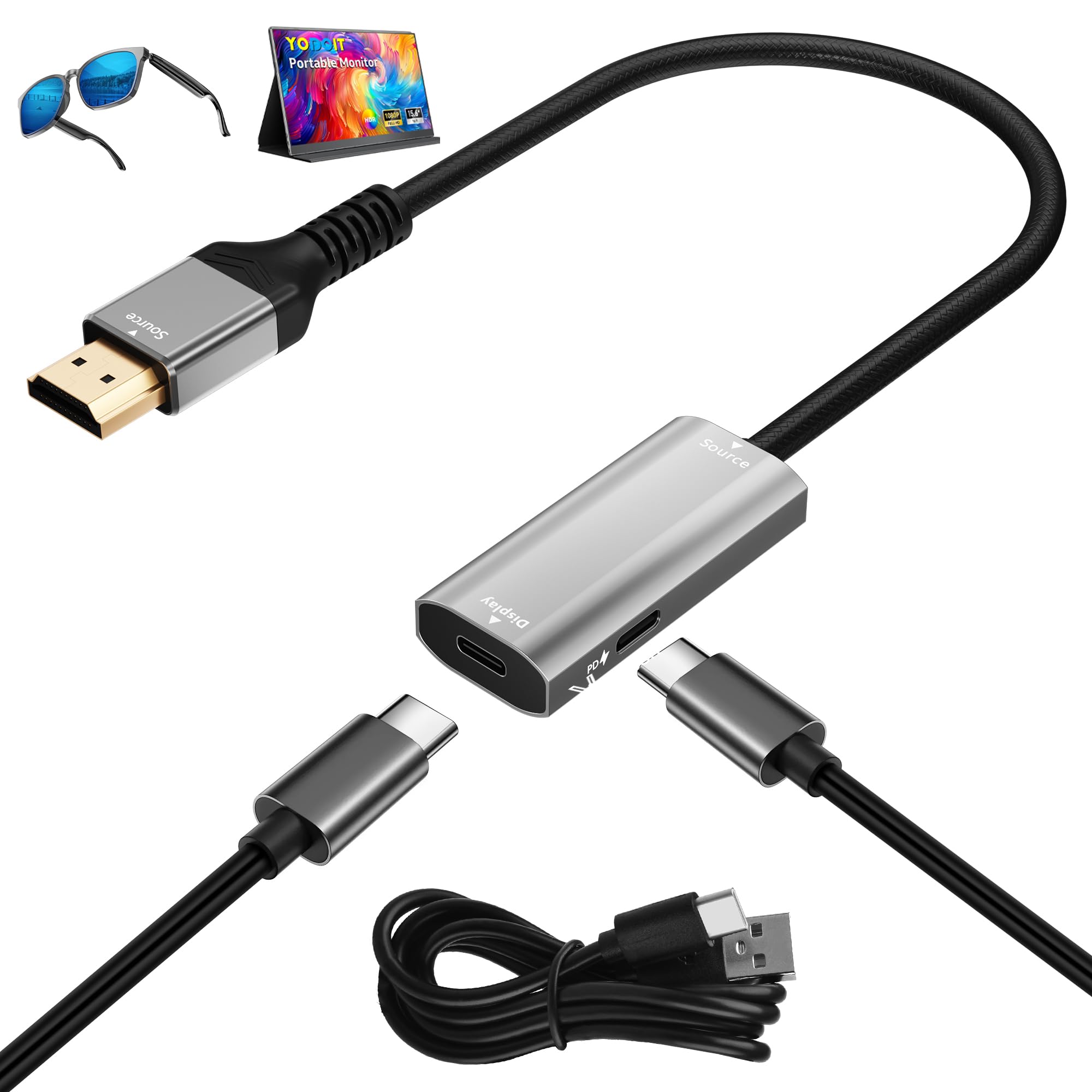 HDMI Male to USB C Female Adapter 4K@60Hz for AR Glasses, Unidirectional HDMI Source to Type C Display with Charging Port for Portable Monitor from PS5/4,Xbox,Switch, PC, Steam, Power Cable Included