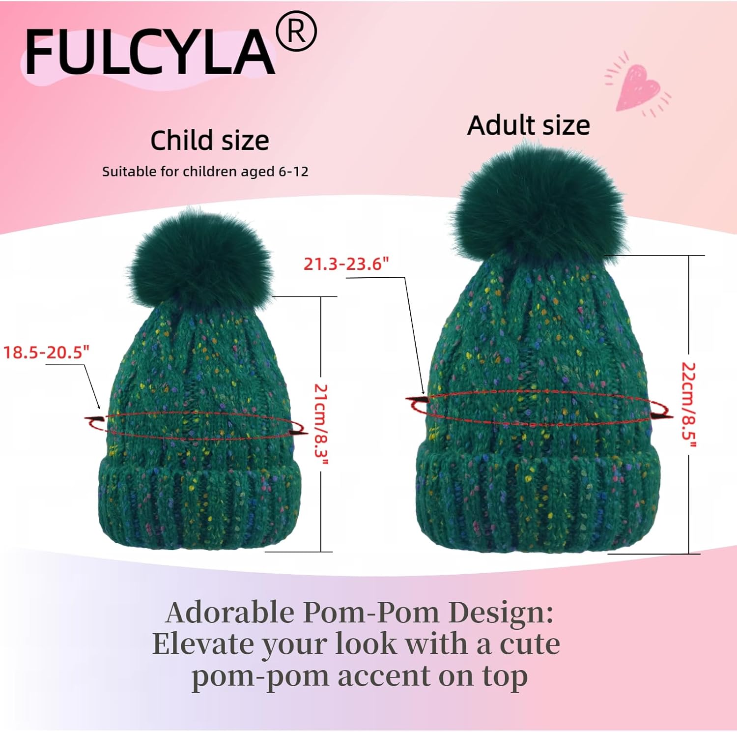 Winter Knit Beanie Hat for Girls Women Parent-Child with Faux Pom Warm Fleece Lined