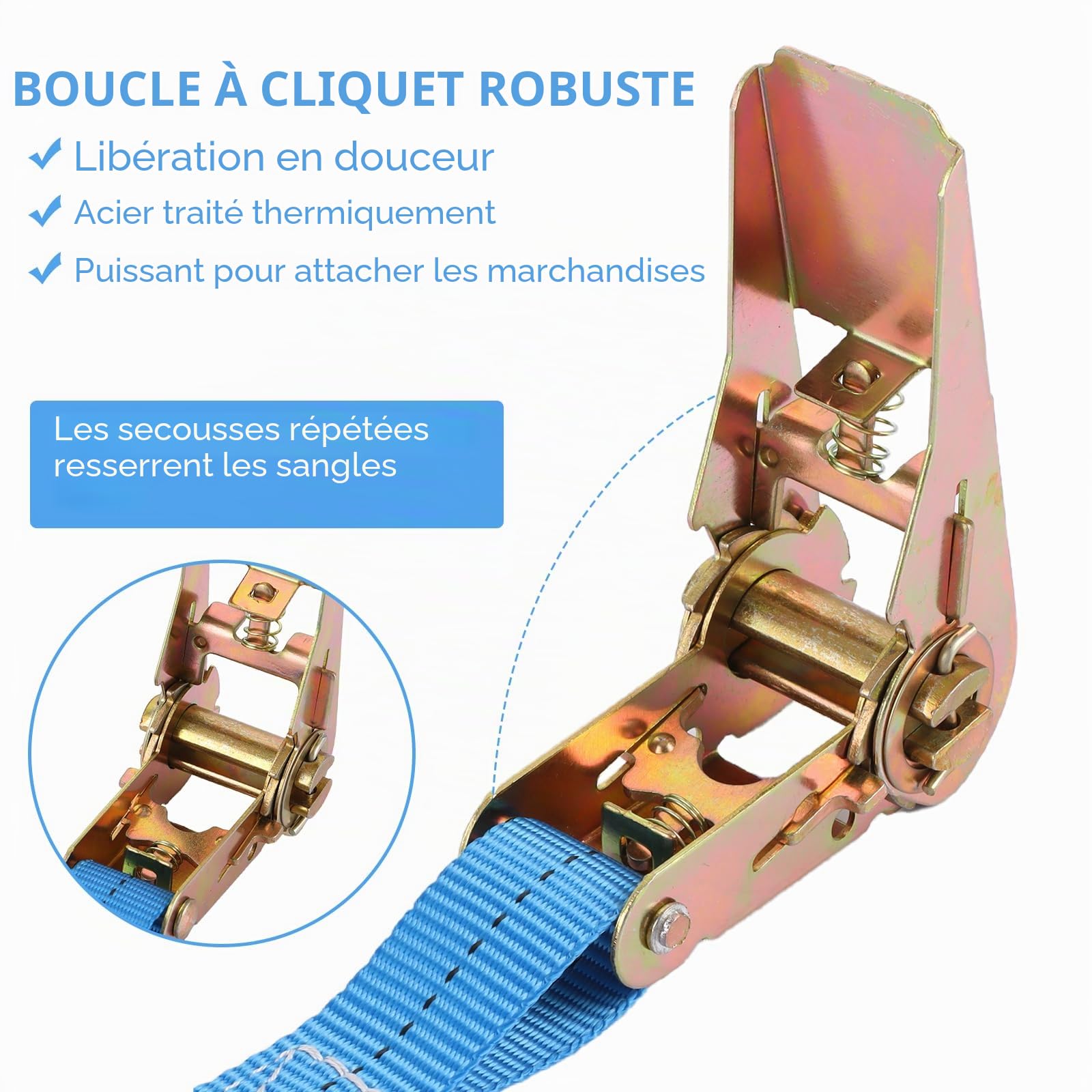 6 Pièces Sangle à Cliquet, 5mx25mm Sangle Cliquet avec Crochets, 800kg Sangle Crochet de Levage, Bleu Sangle à Cliquet pour Cargaison, Moto, Camions