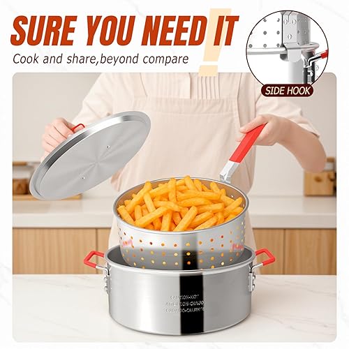 Miniatura 4 de Freidora de pescado de aluminio de 10 cuartos con cesta, freidora con tapa, termómetro, pinzas para freidora y mango de fácil agarre para cocinar