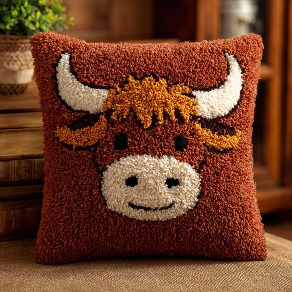 Taxpy DIY Latch Hook Pillow Cover Kits, Animals, Cattle Stamped Handamade Pillowcase Crochet Yarn Hook and Latch Emboridery Throw Pillow 43x43cm