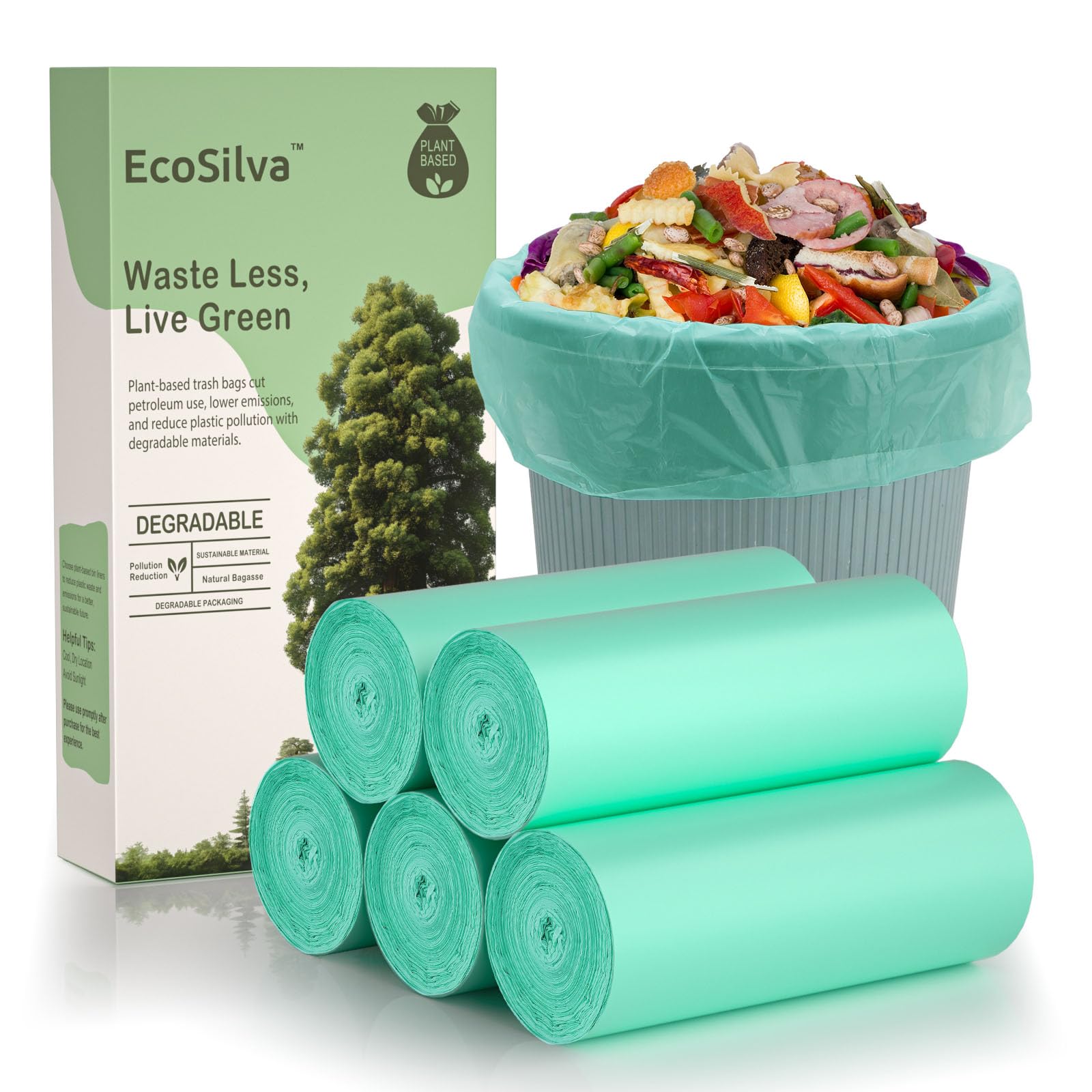 EcoSilva Small Compostable Trash Bags 3 Gallon 125 Count, Unscented Small Compost Bags 3 Gallon Trash Bag 11.36 Liter Waste Basket Liners Biodegradable Trash Bags for Kitchen Home Bathroom Office
