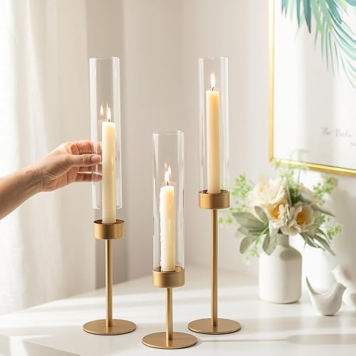 Miniatura 2 de Candelabros de cristal dorado para huracanes, portavelas Romadedi con forma cónica de cristal transparente, centro de mesa, centro de mesa,