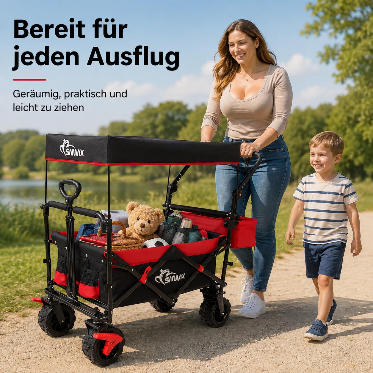 SAMAX Bollerwagen mit Dach Faltbar - Handwagen Transportwagen Gerätewagen Faltwagen - klappbar mit Bremse und Hecktasche - für alle Offroad Gelände geeignet - Schwarz/Rot