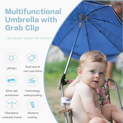 Miniatura 5 de Sombrilla de 30 pulgadas con abrazadera, sombrilla impermeable para niños al aire libre, paraguas con clip en sillas de playa, cochecitos, sillas de