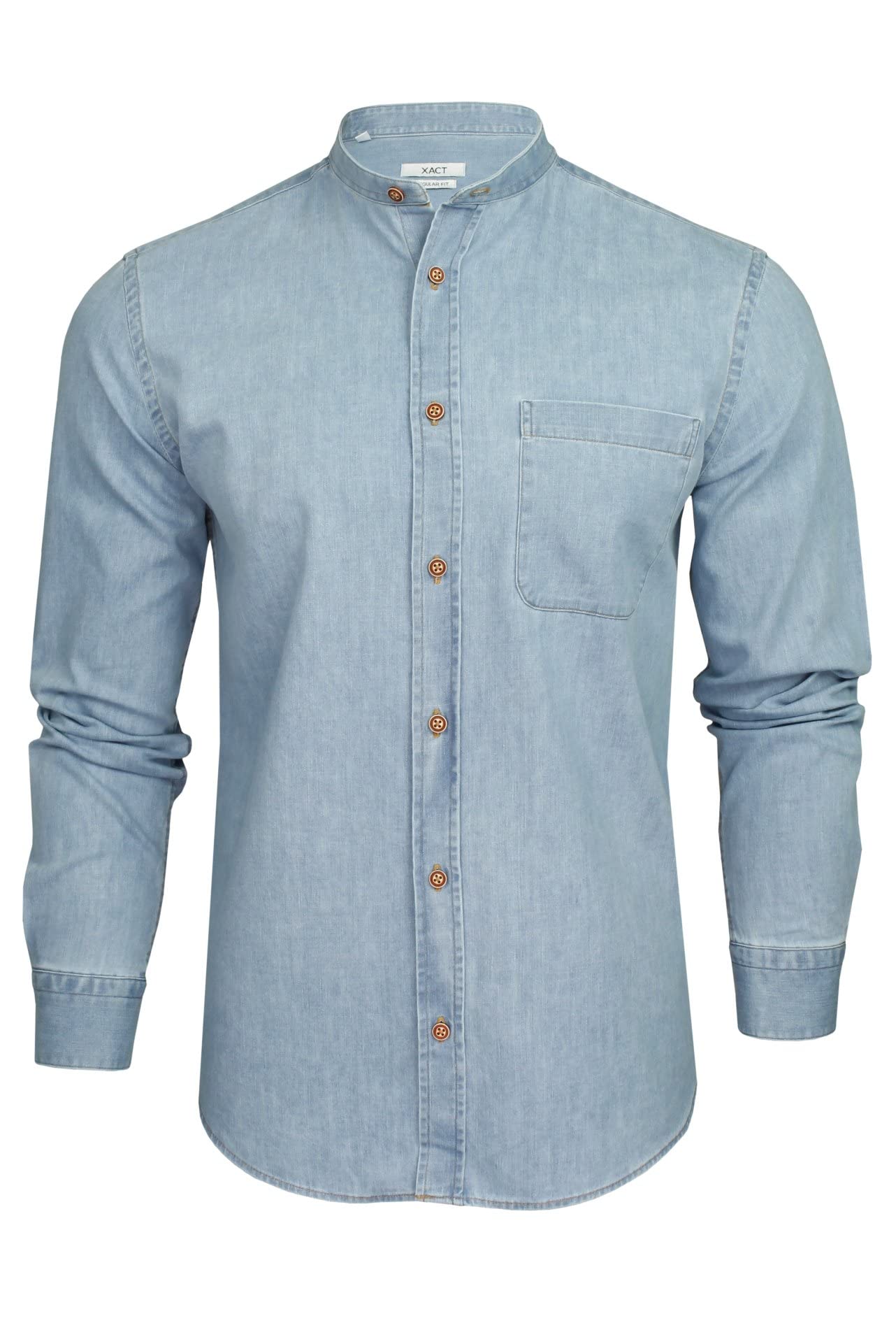 Xact Camicia 6.6 Oz Denim da Uomo con Collo alla Coreana/Grandad, a Maniche Lunghe, vestibilità Regolare