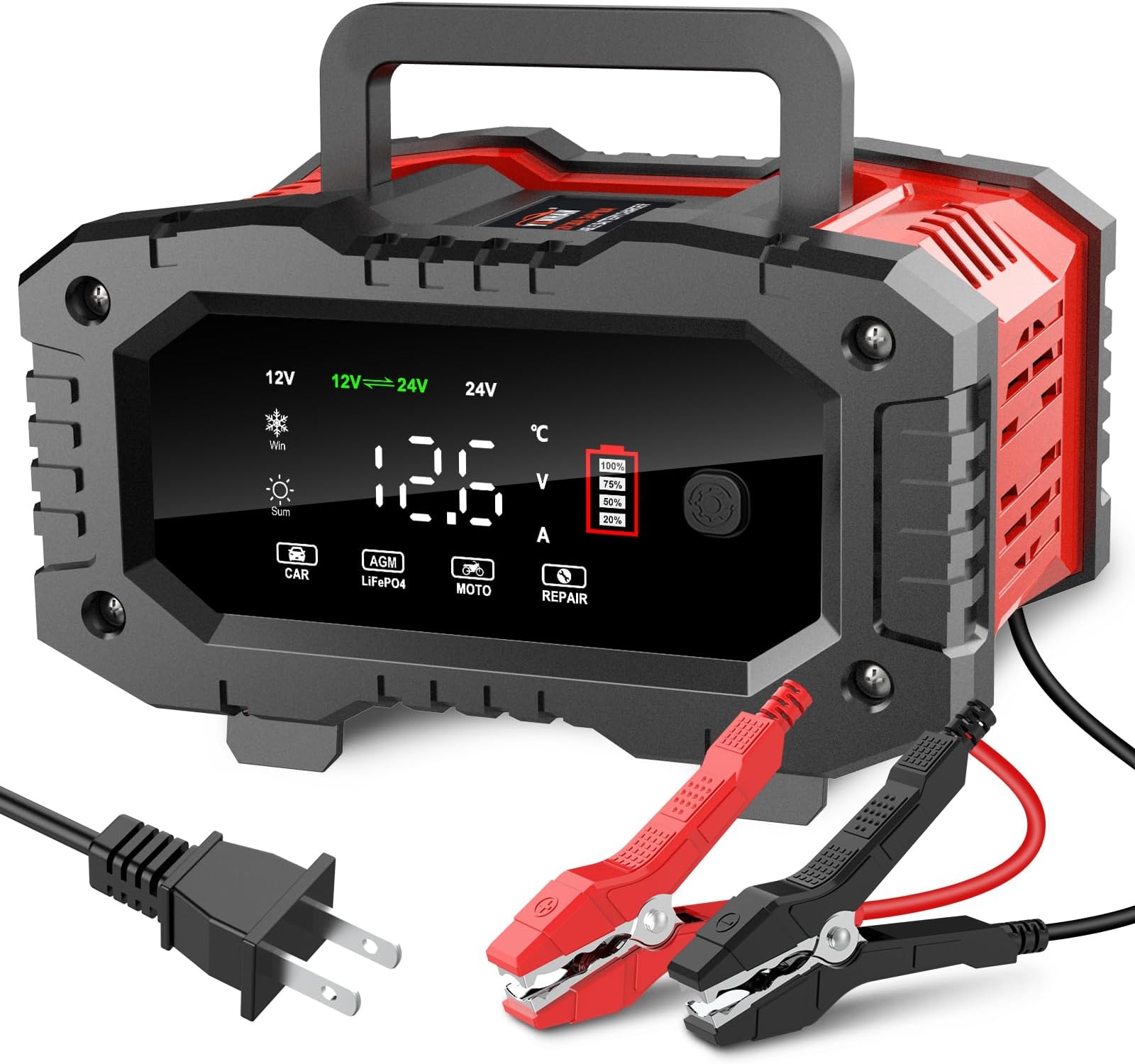YONHAN Battery Charger 0-20A 12V 24V LiFePO4 Lead Acid Portable Car Battery Charger 8-Stage Trickle Charger Smart Battery Maintainer w/Temp Compensation for Car Truck Motorcycle Lawn Mower