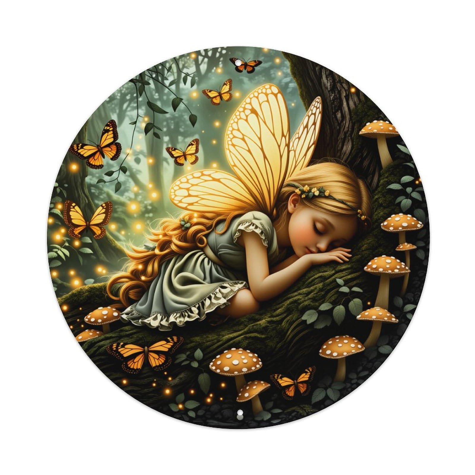 Fairy Sleeping In Forest With Mushrooms And Butterflies Round Vintage Tin Sign,Retro Wall Art,Metal Poster for Home, Bar, Garage, Cafe, Rustic Indoor & Outdoor Decor, 8x8 Inches