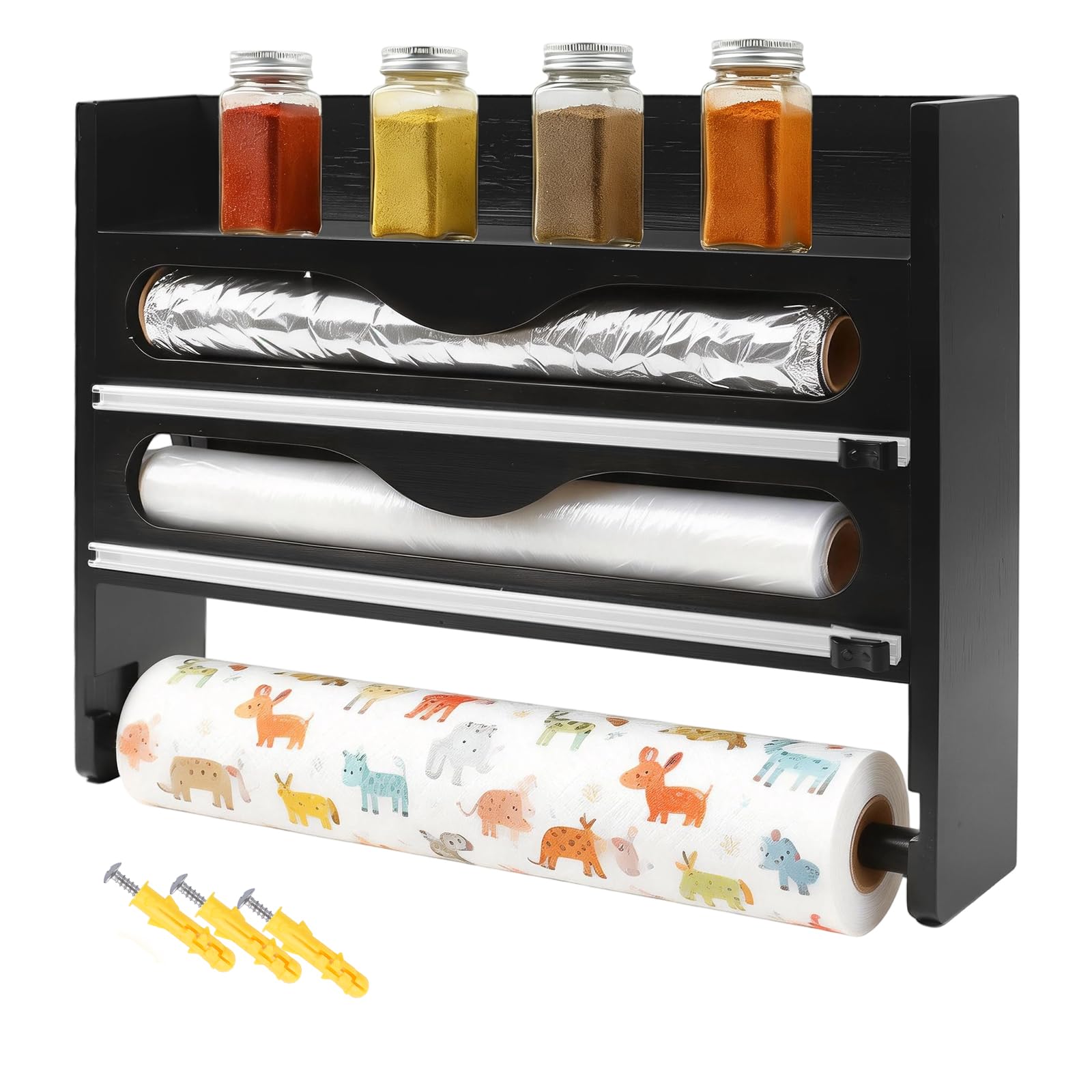 Gemsaya Foil And Cling Film Dispenser Cutter with Kitchen Roll Holder, 4 in 1 Wrap Dispenser with Cutter, Wall-Mount Bamboo Kitchen Wrap Organizer Rack Compatible with 12" Rolls or Lower Rolls (Black)