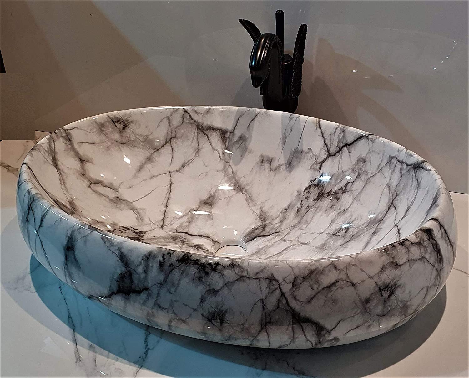 CLUSTER Designer Glossy Ceramic Tabletop/Countertop/Wash Basin for Bathroom And Living Rooms Decor, White Marble, Oval Shape Basin (23.6 x 15.7 x 6 Inch) 1