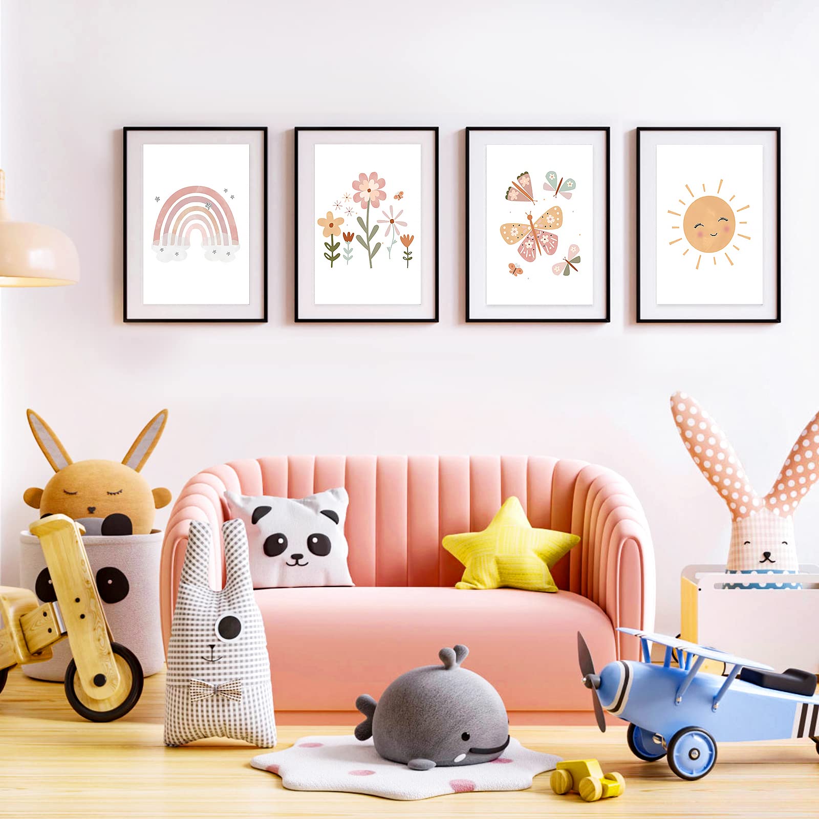 Vegena Lot de 4 tableaux pour chambre d'enfant et fille,Décoration pour chambre d'enfant,Arc-en-ciel soleil, nuage, fleurs et papillons,Décoration murale pour chambre de bébé,DIN A4,Décoration bohème