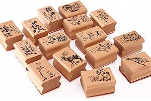 15pcs Wooden Rubber Stamps Animals and Plants Patterns Stamps Set