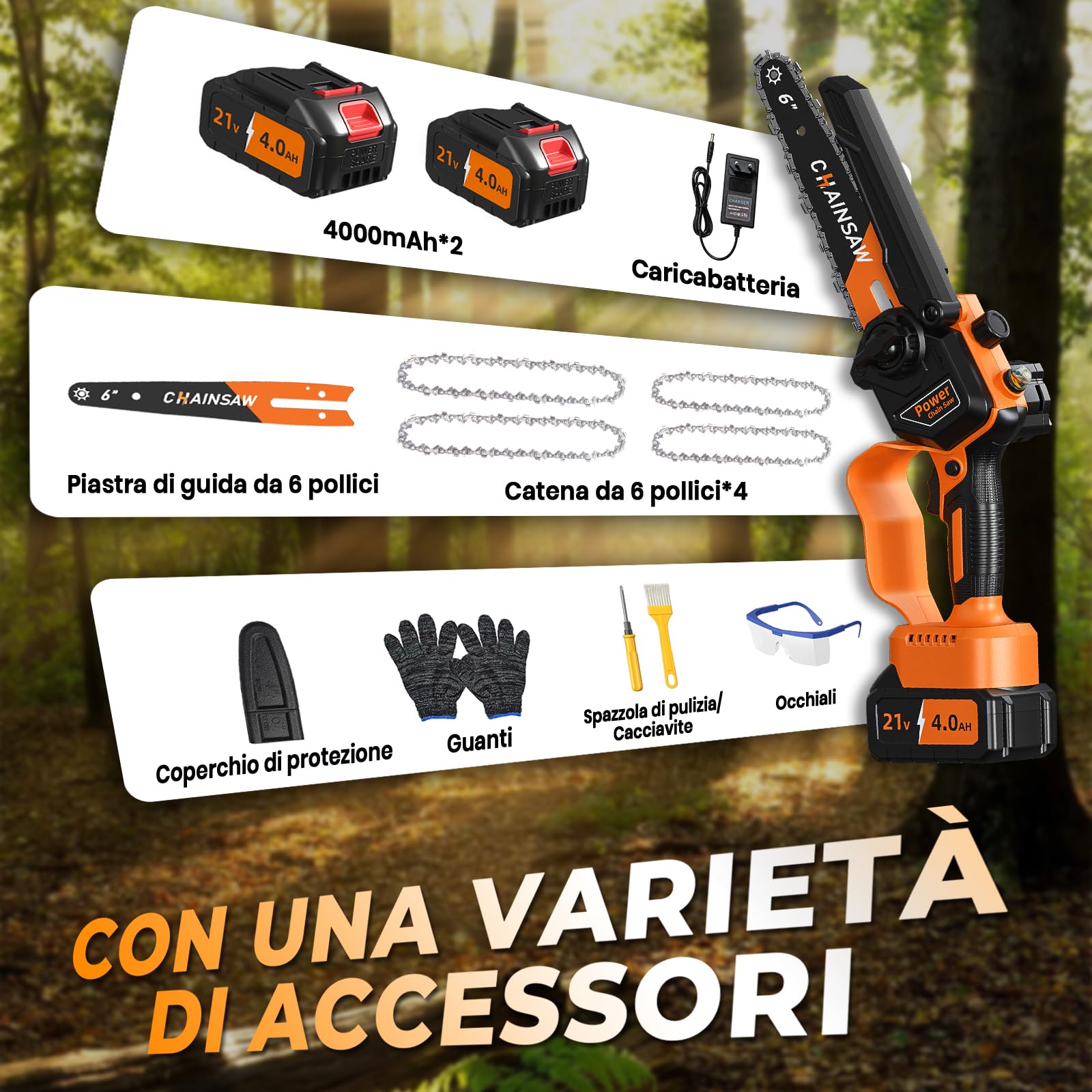 Mini Motosega a Batteria 6 Pollici, Mini Motosega Elettrica con 8000mAh Batterie, 1000W Blushless Sega a Batteria per Potatura, il Taglio Del Legno e Giardini, Elettrosega Compatibile con Makita 18V