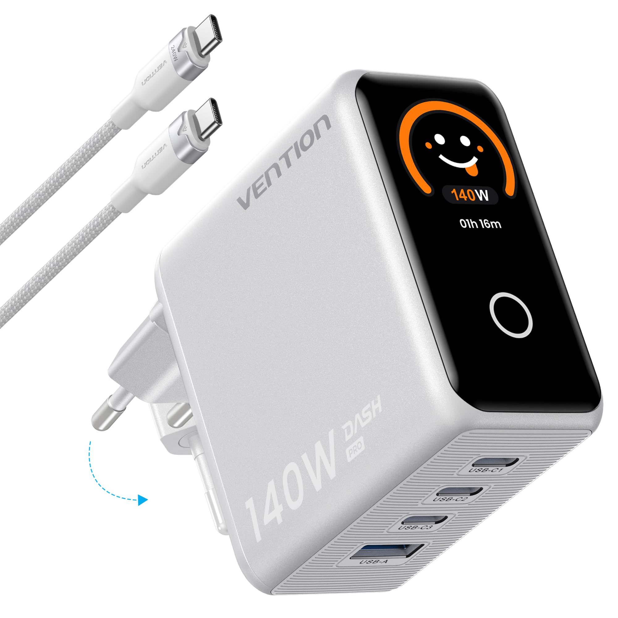 VENTION Cargador USB C 140W, Cargador GAN 5.0 de 4 Puertos con Pantalla TFT, Adaptador USB C de Viaje Rápido, Compatible con iPhone 15/16/17, MacBook Pro/Air, Argento Titanio