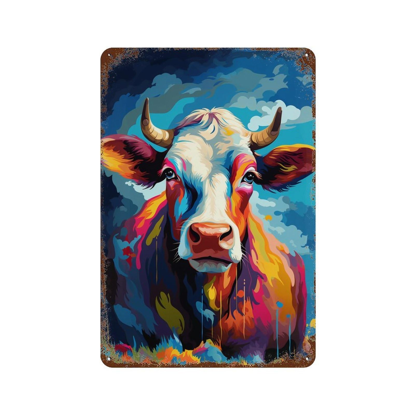 Colorful Cow Illustration Retro Metal Sign 11.8"x7.9", Novelty Wall Decor for Garage, Pub Or Kitchen