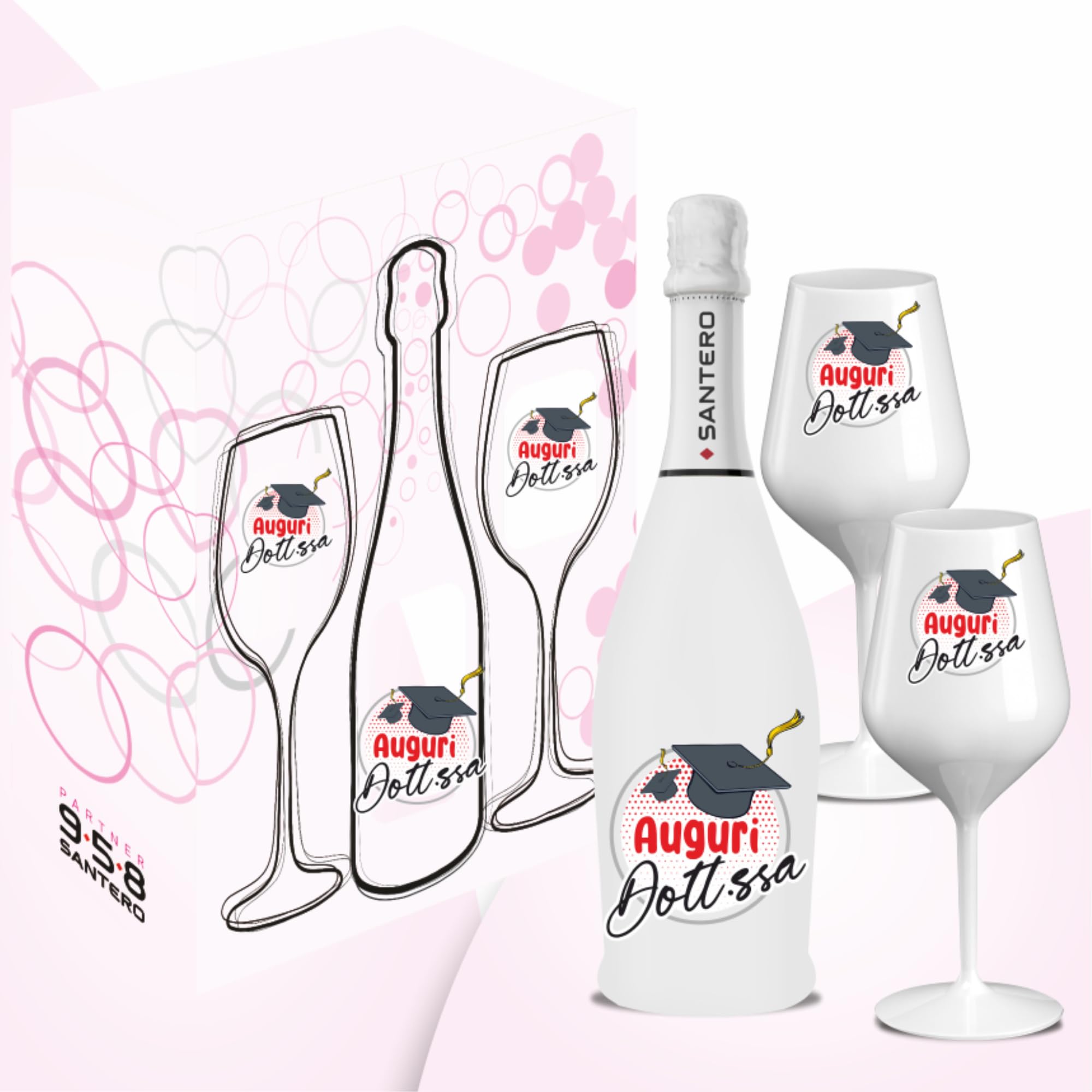 BRANDGIFT.IT Bottiglia Personalizzata Laurea Santero 958 Kit Regalo Bottiglia Spumante 750ml 2 Calici Personalizzati e Box in Cartone Idea Regalo Laurea (DOTTORESSA, 750 ML)