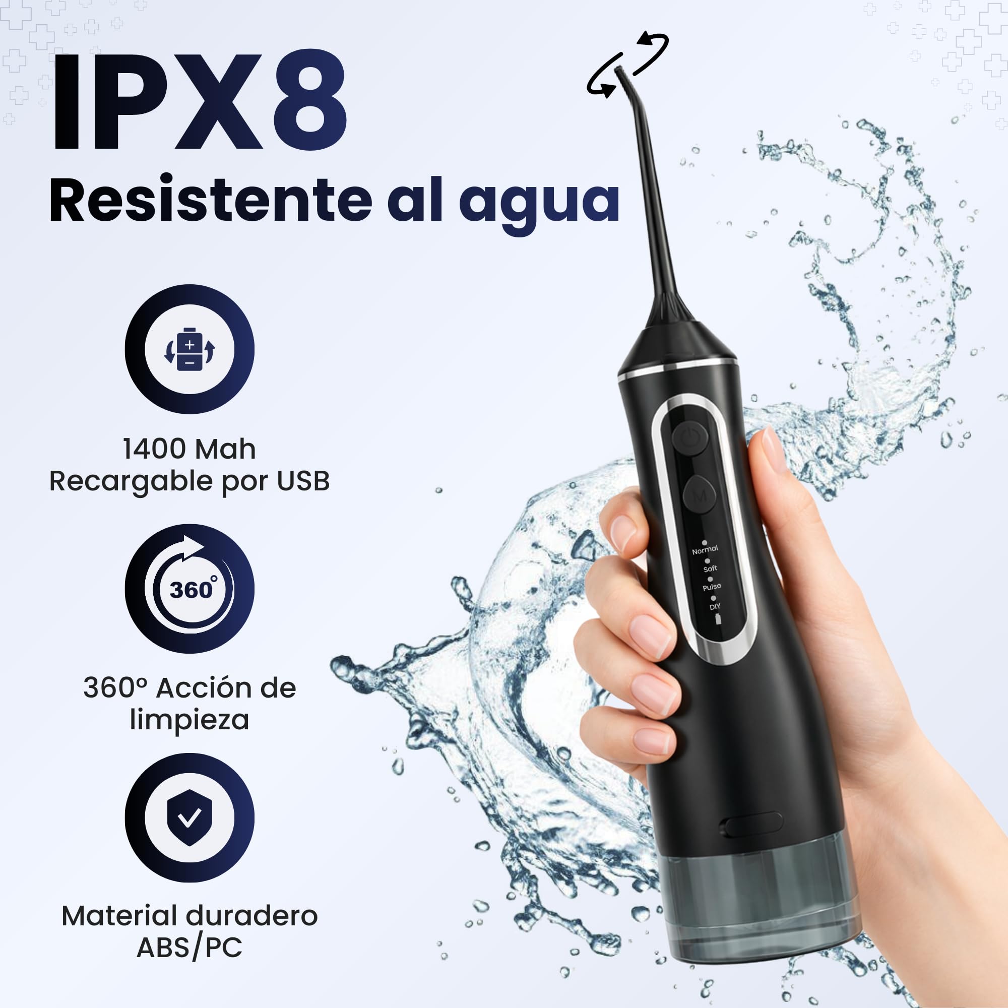 BeFit Water Flosser Portatil 320ml IPX8 4 Modos 120PSI 1400-1800/min Batería Recargable USB 1200 mAh