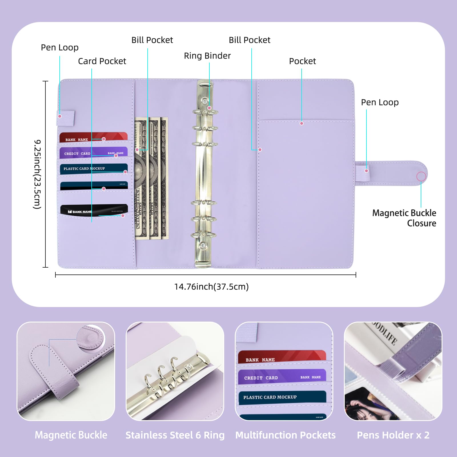 A5 Kpop Photocard Binder, 6 Ringbuch Sammelalbum mit 240 Kartenfächern, PU-Ledereinband zum Organisieren von K-Pop, Sammelkarten, Spielkarten & Erinnerungsstücken (Lila)