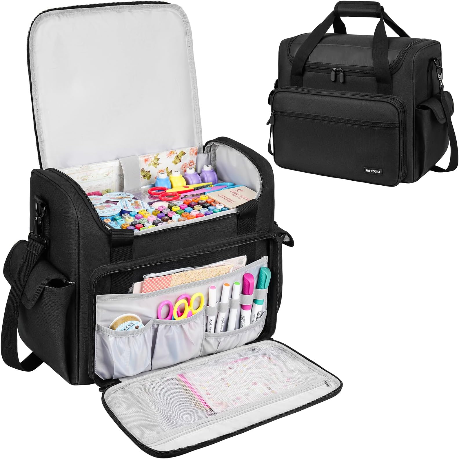 Craft Bag for Scrapbook Supplies, Large Scrapbook Tote with 15.6'' Laptop Sleeve, Art Supply Storage Bag with Multiple Pockets for Scrapbooking Tools, Black