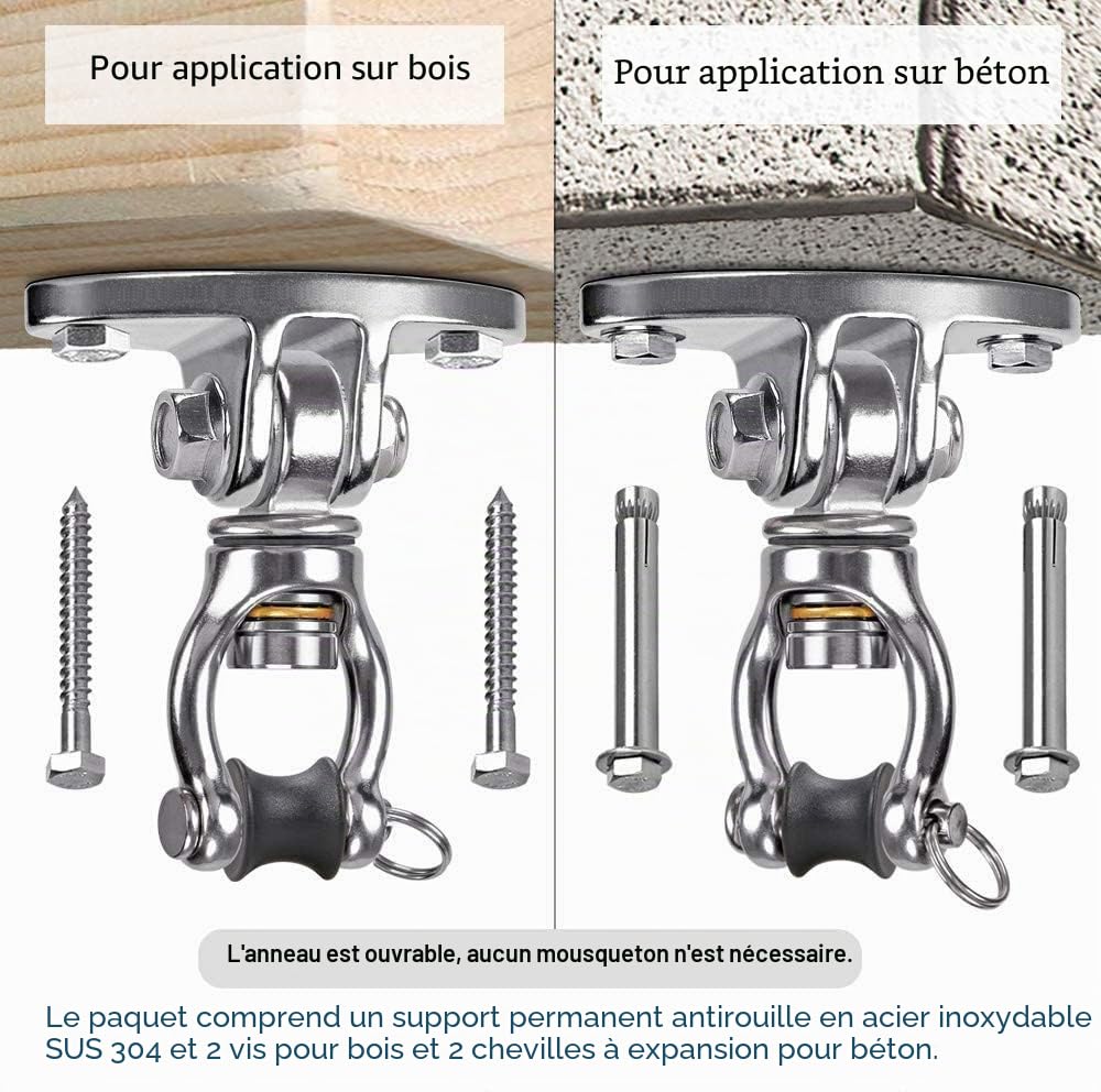 SELEWARE d'une capacité de 760 kg Rotation à 360°, Crochet de Plafond en Acier Inoxydable SUS304 pour balançoire, Crochet de Suspension avec vis pour béton, Bois, Jeux, terrasse, trapèze, Yoga.