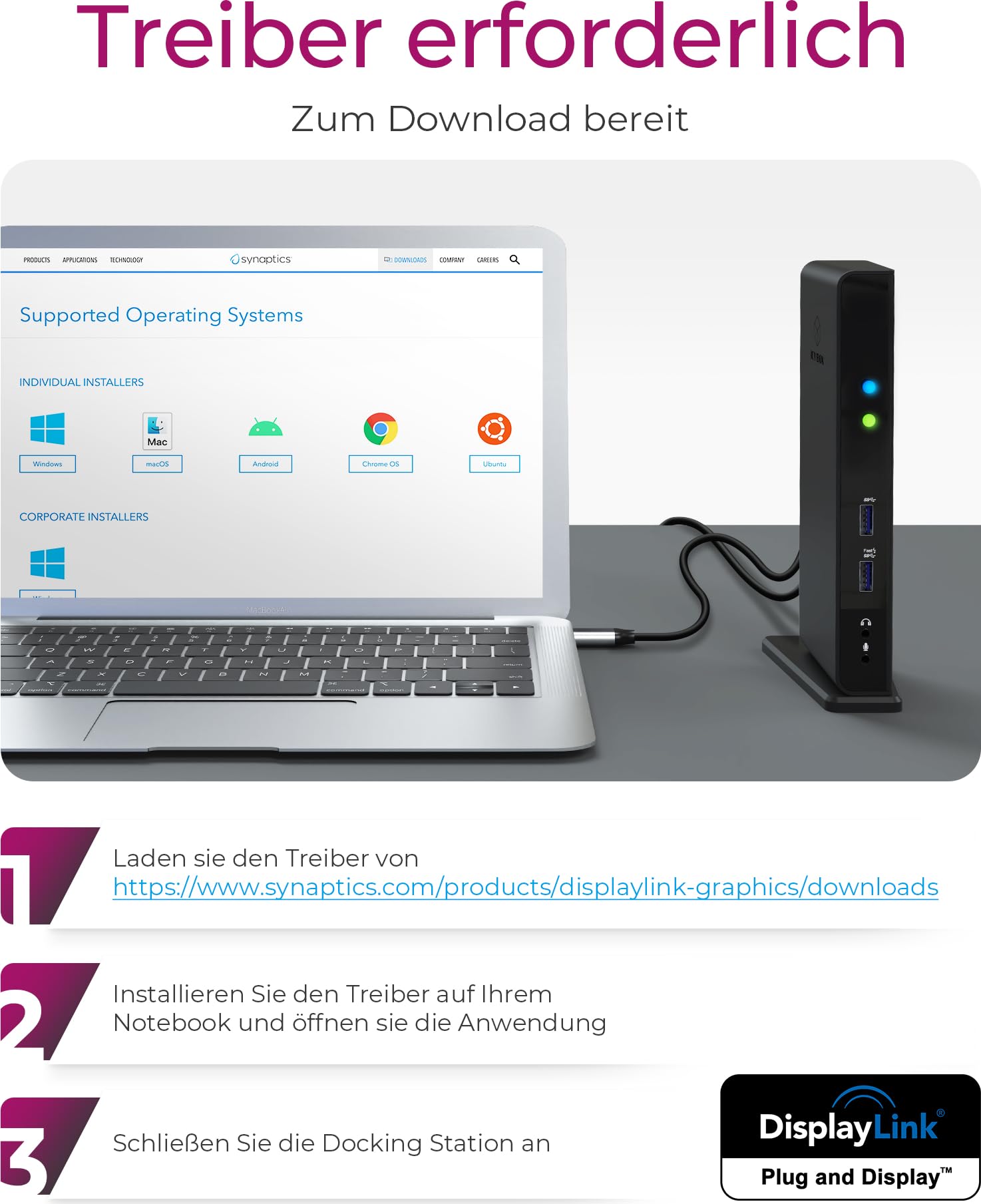 ICY BOX Laptop Docking Station (11-in-1) für 2 Monitore (1x HDMI und 1x DVI), 6x USB 3.0 HUB, Gigabit Ethernet, Audio, DisplayLink, IB-DK2241AC