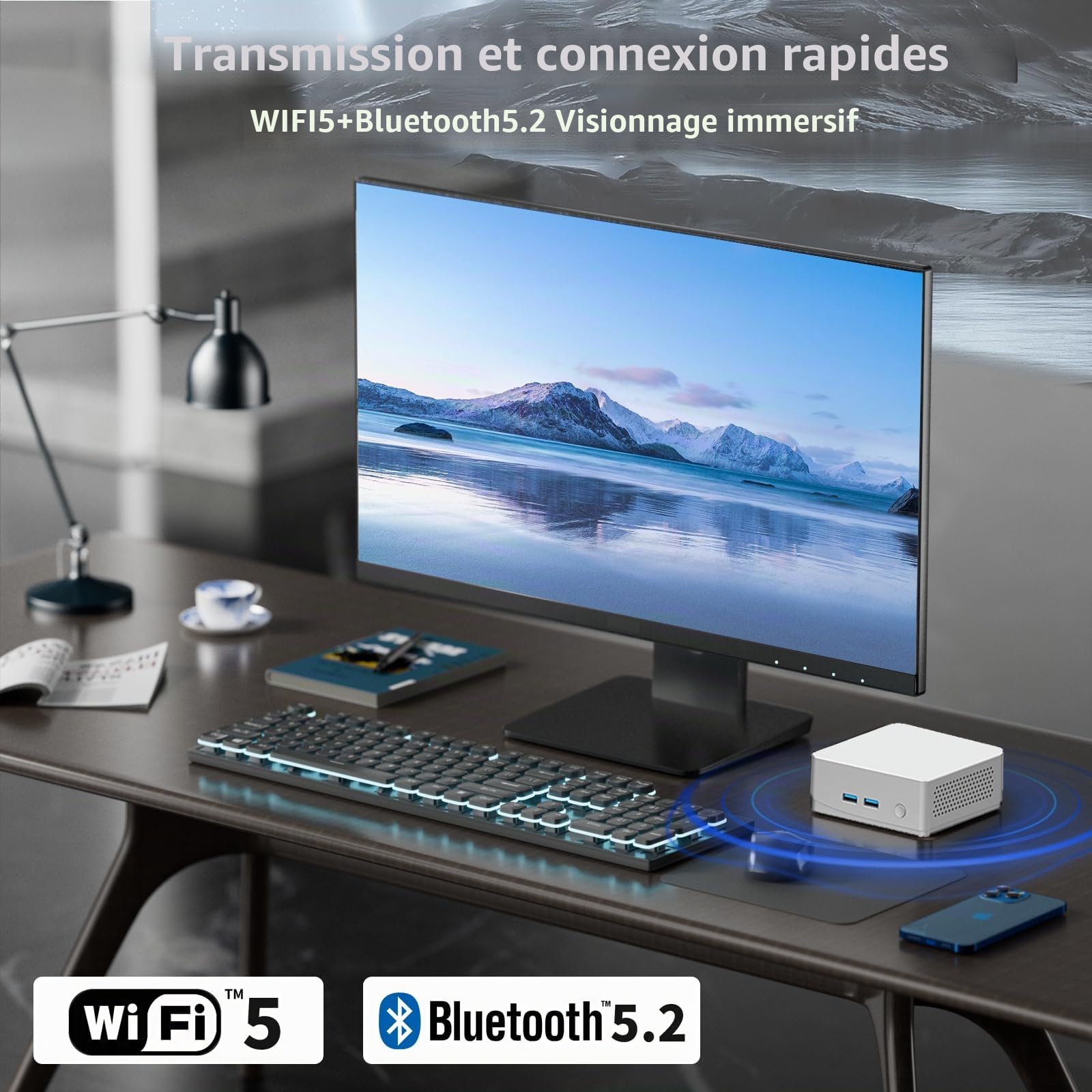Mini PC 3200U (jusqu'à 3,5 GHz) 8 Go RAM 256 Go SSD Win11 WLAN5/Bluetooth/RJ45 LAN 1000M/USB*4/USB-C*2/HDMI*2, sortie double moniteur 4K @ 60Hz, ultra léger, silencieux, 4-6 W économe en énergie