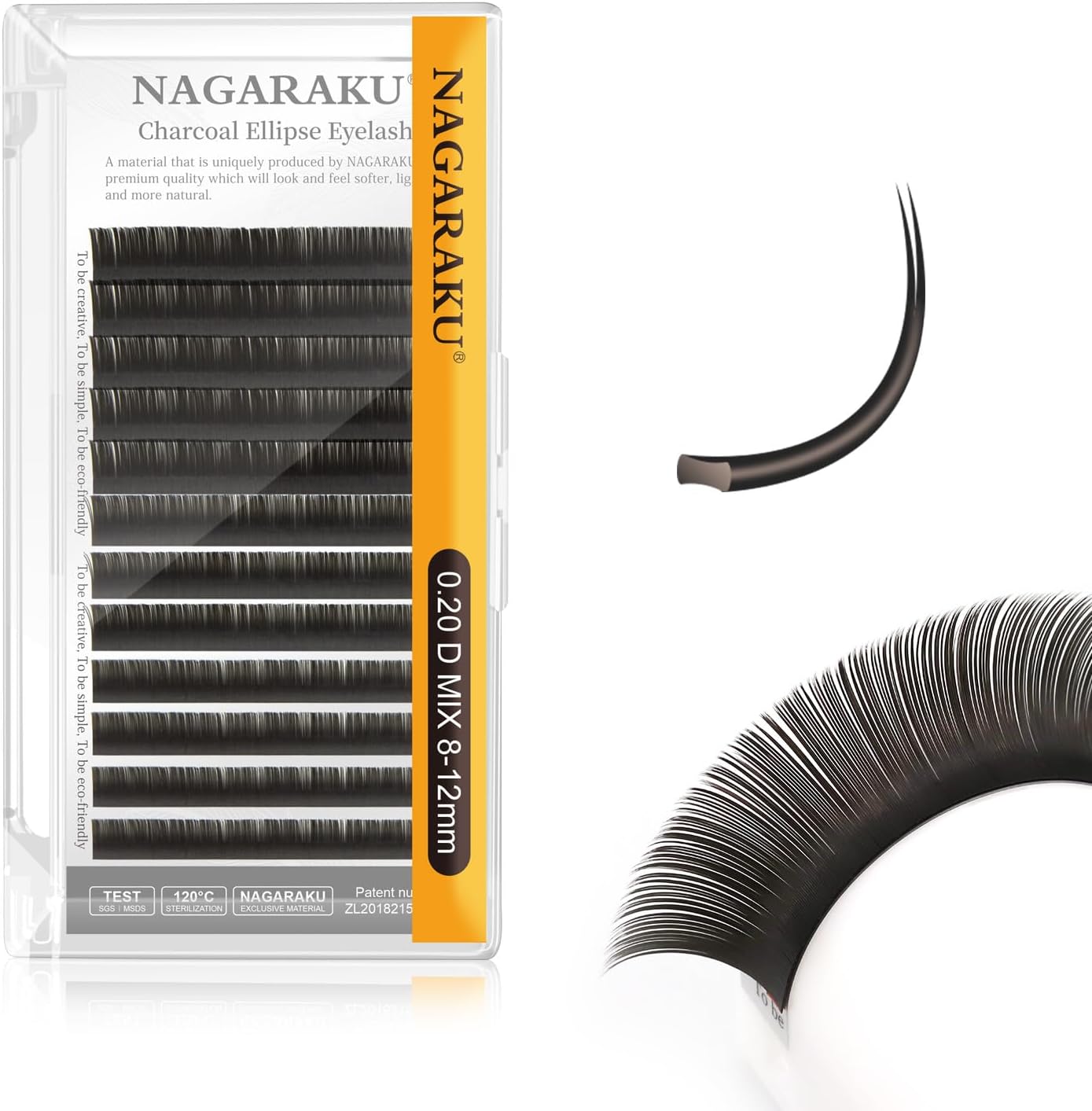 NAGARAKU Ellipse Flat Eyelash Extension Professional Double Split Tip Individual False Lashes Supplies Eye Lashes Semi-Permanent U-shaped Design Charcoal More Softer 12 Rows（0.20mm D Curl 8-12mm）