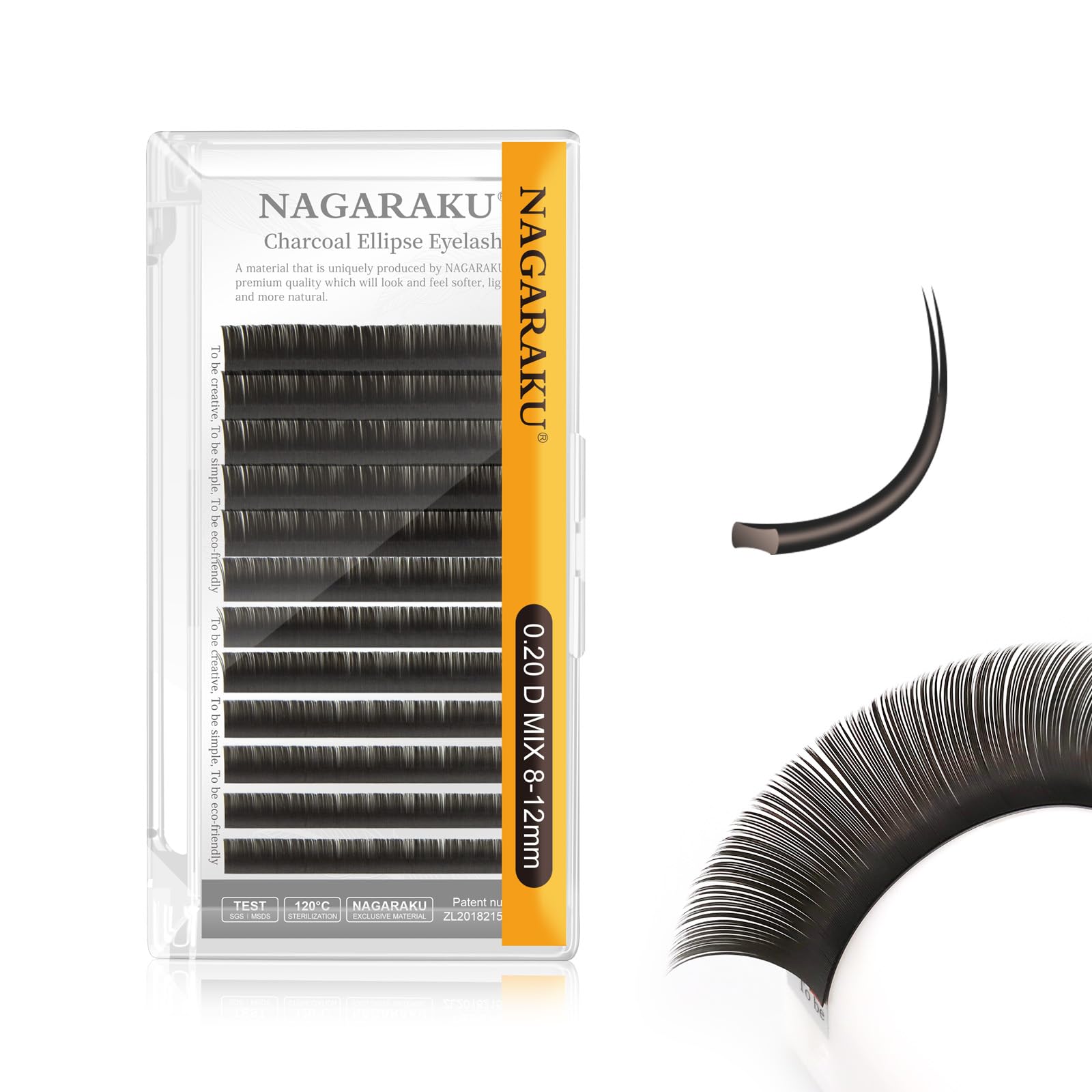 NAGARAKU Ellipse Flat Eyelash Extension Professional Double Split Tip Individual False Lashes Supplies Eye Lashes Semi-Permanent U-shaped Design Charcoal More Softer 12 Rows（0.20mm D Curl 8-12mm）
