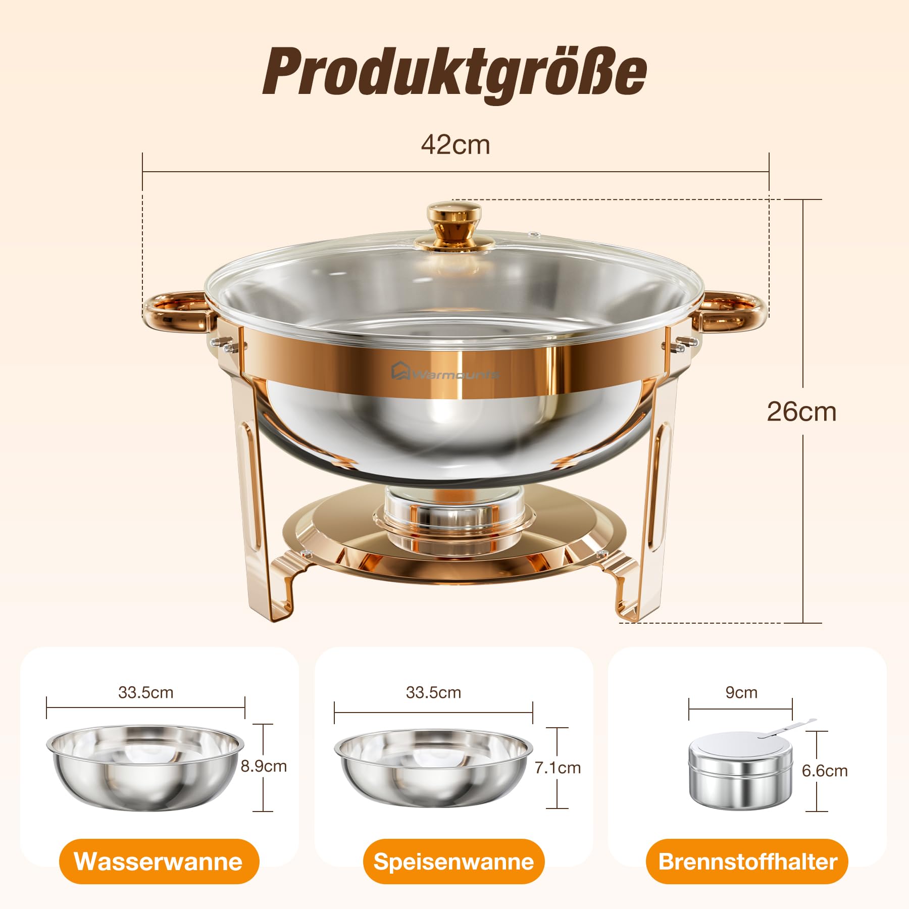 WARMOUNTS Chafing Dish Buffet 5L 2er Set Rose Gold, Rund Speisenwärmer für Catering mit Glasdeckel & Deckelhalter, Stapelbar Hochglanzpoliert Edelstahl Lebensmittelecht für Feiern, Hochzeit, Events