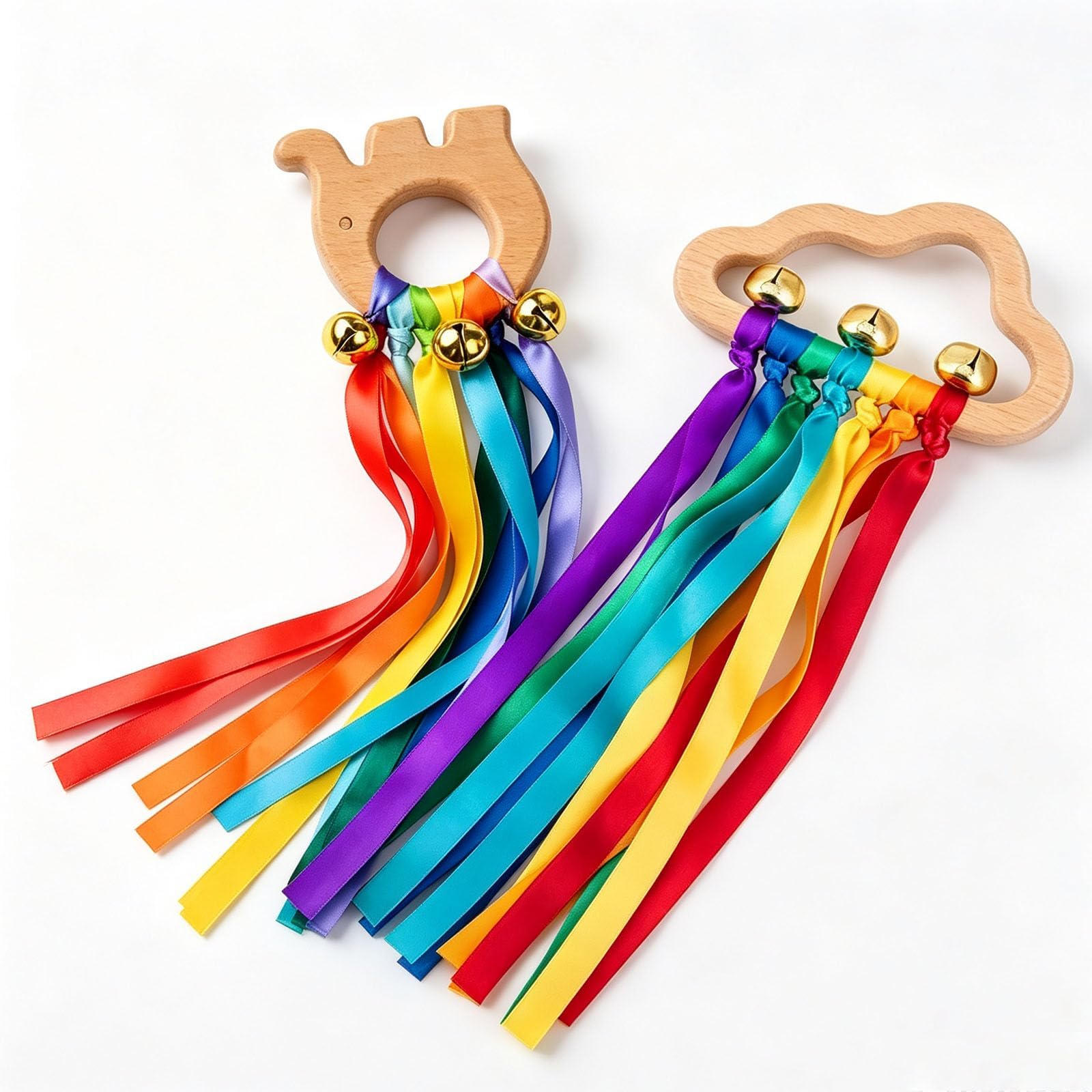 2Pcs Set Baby Bells Sensory Toys Wooden Rainbow Ribbon with Cloud and Elephant