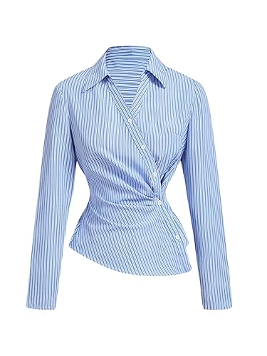 Women's Striped Button Down Blouse Long Sleeve Ruched Wrap Asymmetrical