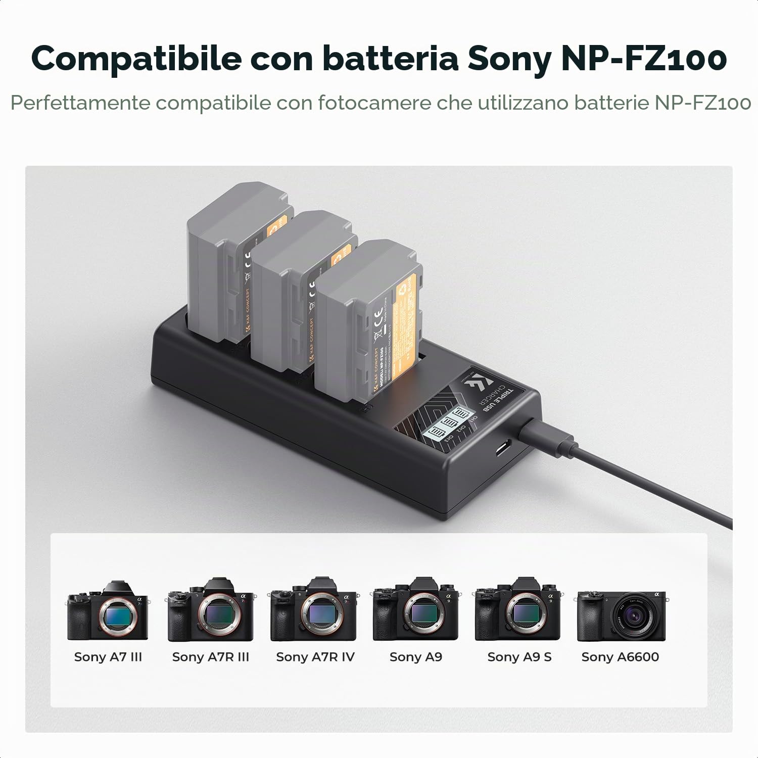 K&F CONCEPT Caricabatterie NP-FZ100, caricabatterie a 3 slot A7iii con display LCD per fotocamere Sony A7iii A7iv A7Rv A6700 A6600 A9 A1 FX3 FX30 ZV-E1