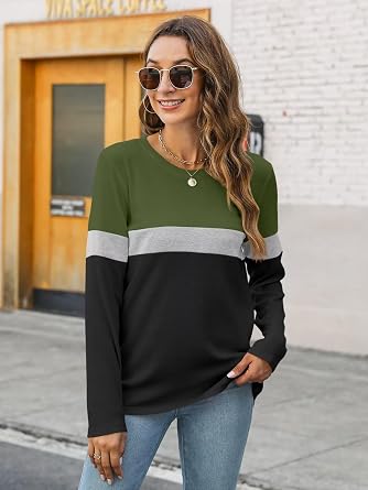 Minetom Womens Long Sleeve Shirts Colorblock Tops 2026 Fall Tee