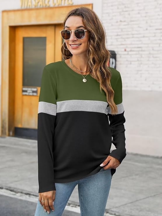 Minetom Womens Long Sleeve Shirts Colorblock Tops 2026 Fall Tee