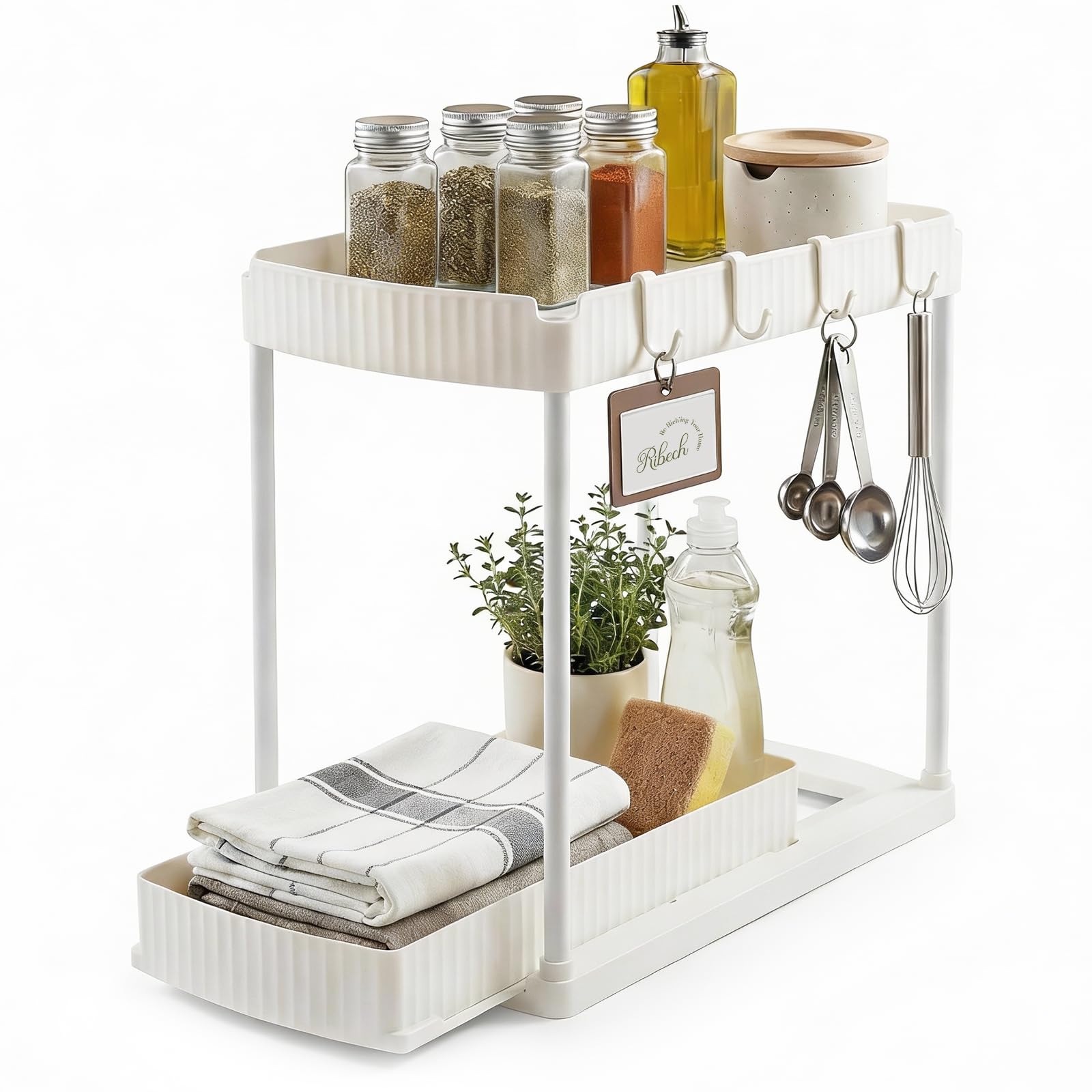 Scaffale per Sottolavello 2 Piani, con Cassetto Estraibile e Vassoio, Organizzatore Multiuso per Cucina e Bagno, Bianco