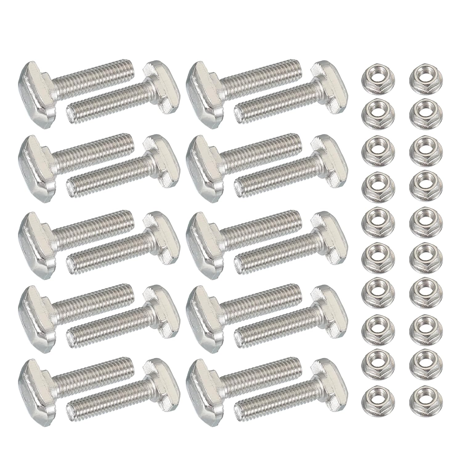 PATIKIL M6 x 25 mm T-Slot Bolts, 20 Sets Drop-in Bolt Hammer Head with Hexagon Flange Nuts T-Bolt Stud Sliding Screw for 30 Series Aluminum Extrusion Profile, Silver