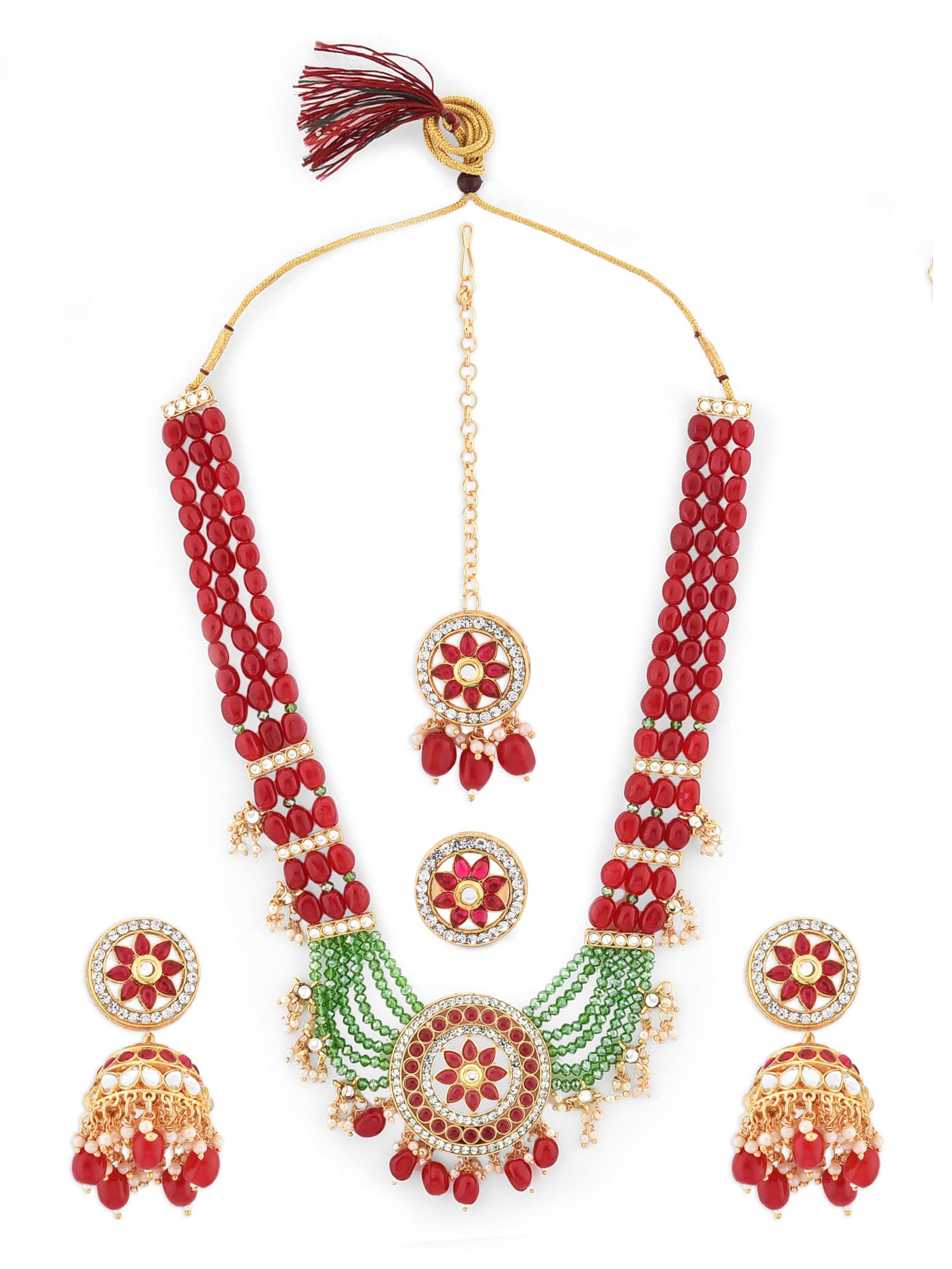 ZAVERI PEARLS Maroon & Green Bridal Long Necklace Earring Maangtikka & Ring Set For Women-ZPFK12628 (B09WVM4CXD) Amazon Price History, Amazon Price Tracker