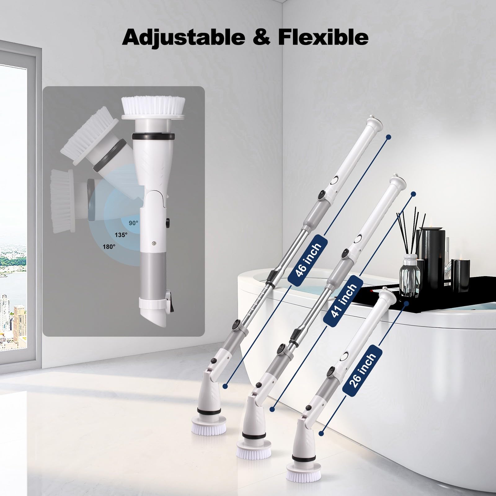 KOSMEGAL Electric Spin Scrubber for Cleaning, Shower Scrubber with Long Handle, Cordless Bathroom Cleaner with Adjustable Arm and 4 Replaceable Brush Heads for Bathtub Tile Floor