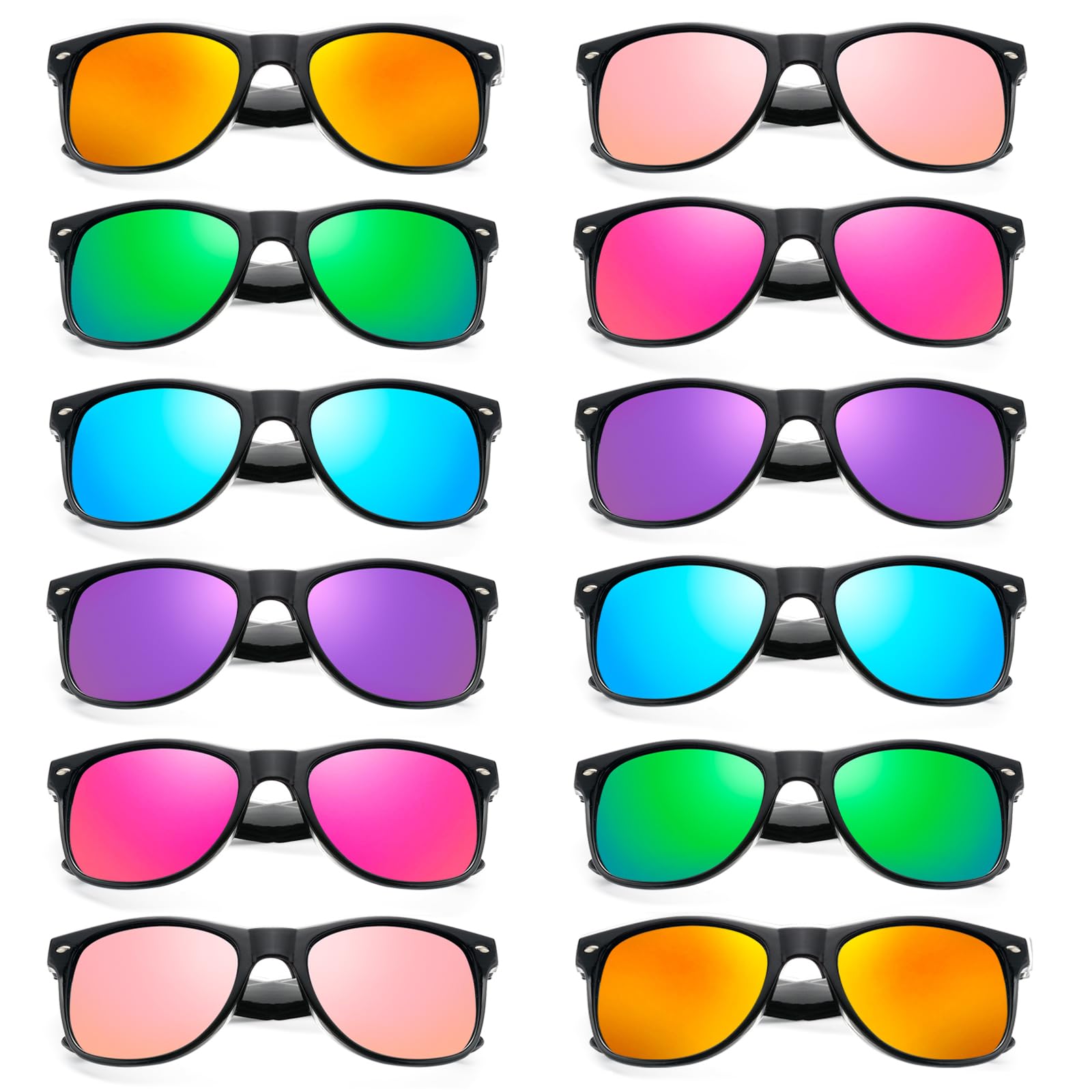 SUNOVELTIES Paquete de docenas de lentes de sol retro negros espejados clásicos con borde de cuerno para hombres y mujeres para cumpleaños, despedidas de soltera, fiestas de vacaciones de verano