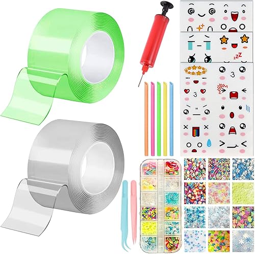 Kit de burbujas de nano cinta, 2 cintas nano con bomba de globo, 12 tipos de purpurina con caja de almacenamiento, 2 abrazaderas, 5 pajillas,