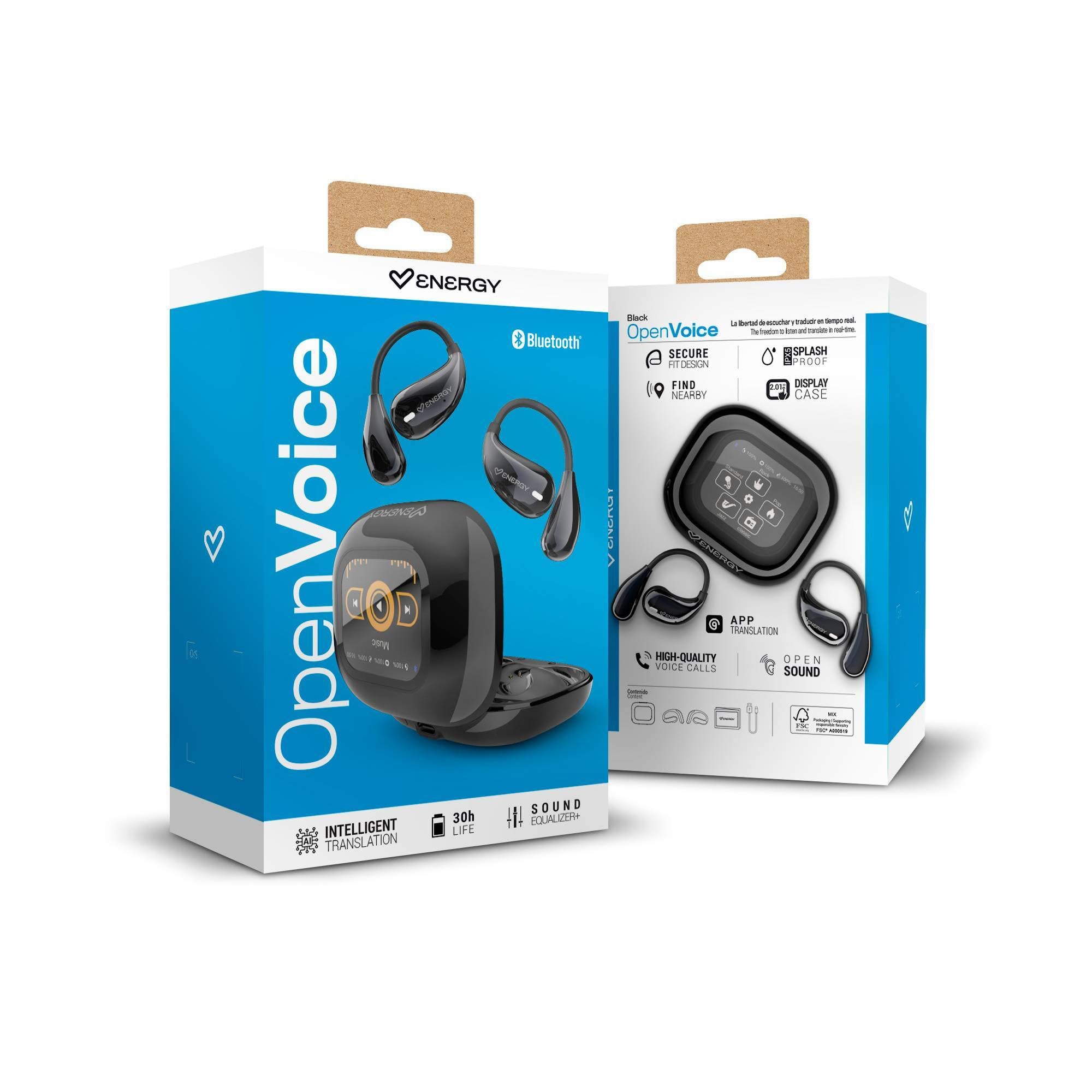 Energy Sistem OpenVoice True Wireless słuchawki douszne z wbudowanym tłumaczem AI, baterią 30h, IPX5, Display Case i korektorem dźwięku.