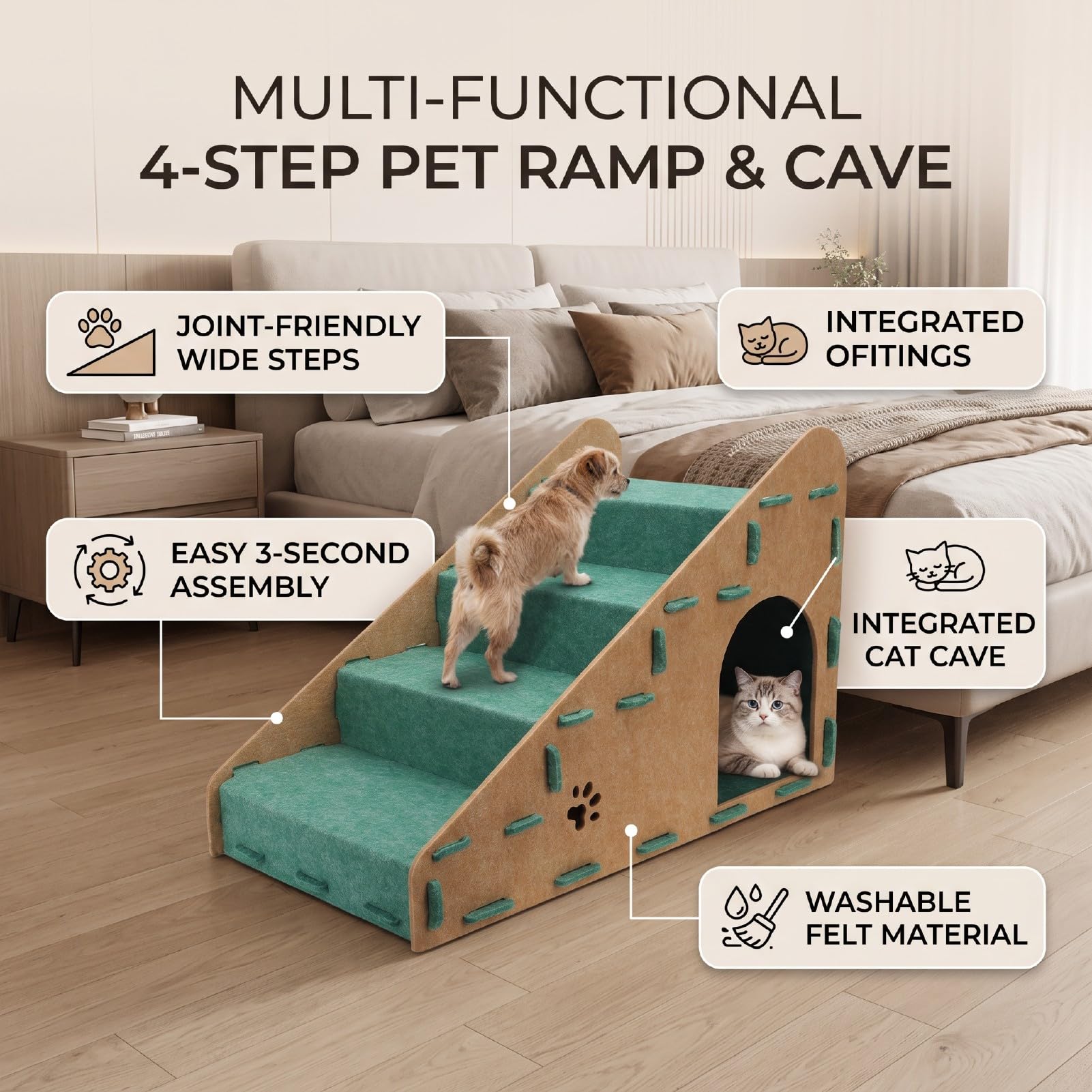 Asixxsix Rampette per Cani e Gatti di Piccola Taglia, 4 Gradini, Verde, per | Feltro Ad Alta densità Rimovibile, Assemblaggio Senza Attrezzi, Sicuro per Letti da 20 a 60 Cm, Gradini Antiscivolo