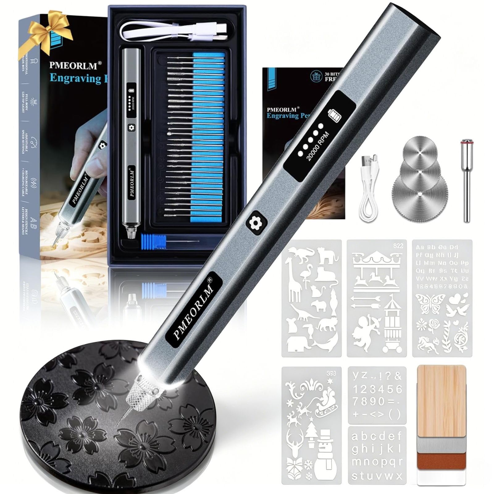 Penna per incisione, penna per incisione elettrica con display LCD, luce LED, 5 velocità, oltre 30 accessori e ricarica rapida USB-C strumento wireless portatile (grigio)