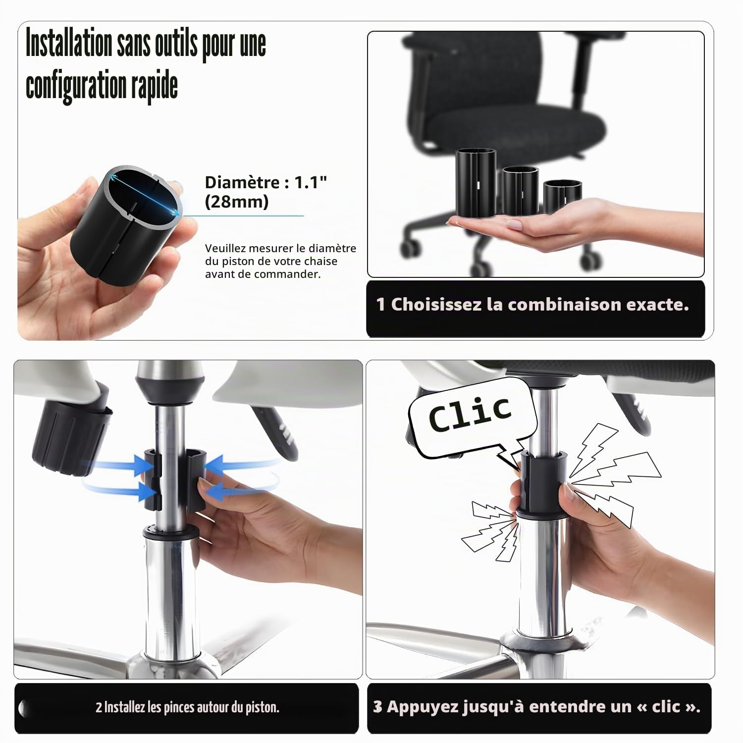 Sytopia Lot de 4 vérins à gaz pour chaise de bureau - Jusqu'à 450 kg - Aucun outil nécessaire - Hauteur de chaise réglable - Taille universelle 28 mm